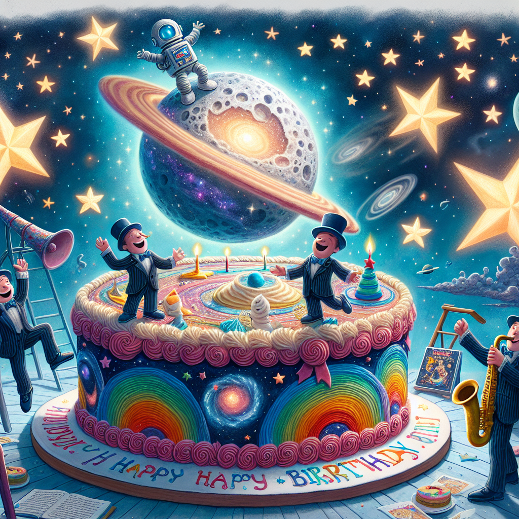 Imagine a whimsical cartoon birthday scene taking place in the vast cosmos, inspired by a beloved guidebook about the universe. Stars sparkle around an enormous moon-shaped cake, decorated with vibrant icing that creates images of galaxies. Decorated on top of the cake is a playful marzipan figure that looks like an endearingly glum robot. Nearby, a pair of characters dressed in sharp suits and hats, reminiscent of classic comedy duos, joyously bounce on a galactic-themed trampoline, carrying saxophones. Their music adds a rhythmic beat to this fantastic space party.
Generated with these themes: Space, The Hitchhiker's Guide to the Galaxy, Trampolining, and The Blues Brothers.
Made with ❤️ by AI.