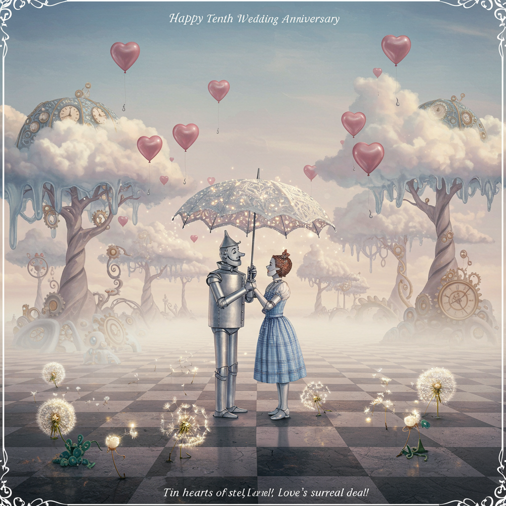 At the top of the Surreal Style image, include the text: "Happy Tenth Wedding Anniversary"

---

**Image Description:**

In a dreamlike, otherworldly landscape, the scene unfolds with a gentle, glowing mist. The Tin Man and Tin Lady from the Wizard of Oz stand lovingly in the center, their metallic bodies reflecting a fantastical blend of hues from an ethereal sky. They hold hands under an umbrella made of lace-like clouds, which gracefully melt and swirl around them.

In the background, whimsical clockwork trees with gears and cogs replace leaves, twisting and stretching in surreal directions. The ground beneath is a patchwork of melting checkerboard tiles, giving the impression that reality is softly bending around them.

Floating in the sky are heart-shaped balloons that defy gravity, with each balloon gently tethered to a thread of silver moonlight. The balloons softly glisten, casting rainbow-hued shadows over the enchanted couple.

On the ground, near the Tin Man and Tin Lady's feet, tiny, playful dandelion creatures dance, their seeds floating up to join the celestial dance. Each seed carries a glimmer of light, adding to the romantic ambiance.

In the lower corner, a small, quirky text reads: "Tin hearts of steel, love's surreal deal!"
Generated with these themes: Tin man anc lady form wizard of oz , and .
Made with ❤️ by AI.