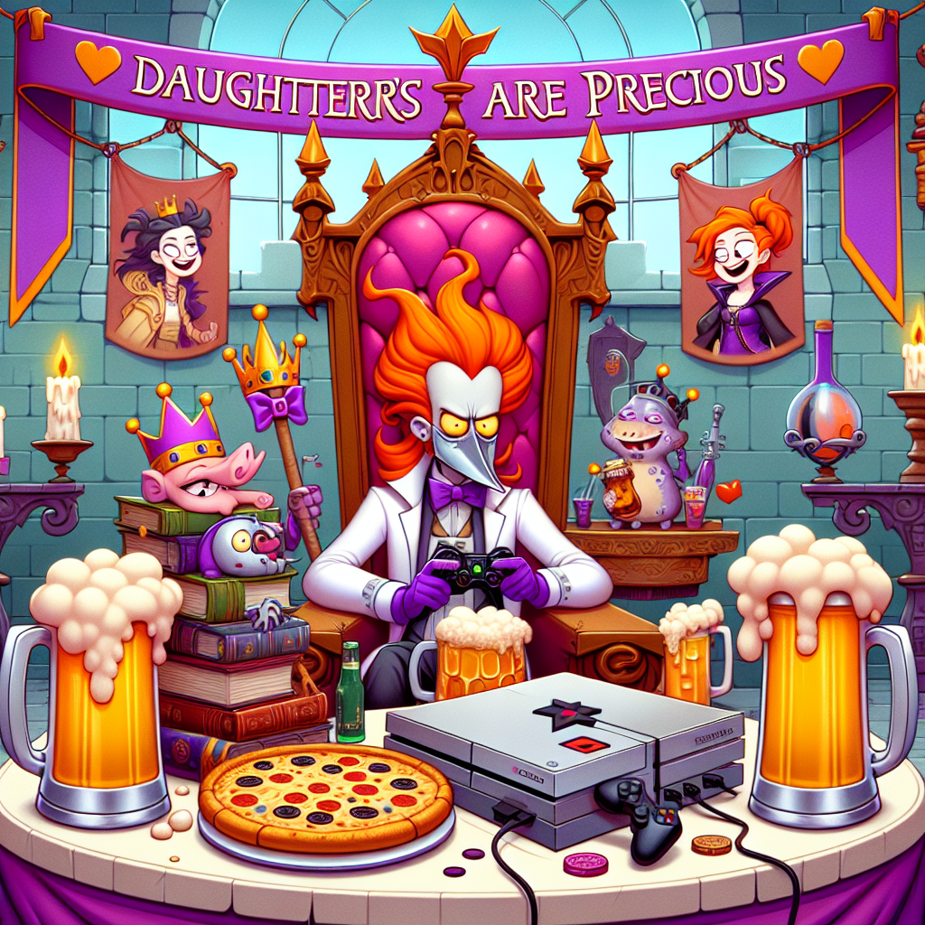 A whimsical, fantasy-themed birthday illustration, incorporating elements reminiscent of popular adventure novels, sci-fi epics, and fast-paced action-adventure stories from the early 20th century, all set in a vibrant celebration. Smack in the middle, a gaming console and controllers take center stage, lovingly draped with a 'Daughters are precious' banner. Around it, beer mugs styled like they're from a fantasy tavern, a parody of iconic animated sitcom, and a hot, appealing cheesy pizza lighten up the atmosphere. A grand, imposing seat similar to those found in royal palaces of epic fantasies sits in the background, with a cartoonish mad scientist character having reddish-orange hair, white complexion, and wearing purple gloves and black boots, adding a touch of intrigue.
Generated with these themes: Lord of the rings, Star wars, Indiana jones, Gaming, Daughters, Beer, Simpsons , Pizza, Game of Thrones , and Dexter.
Made with ❤️ by AI.