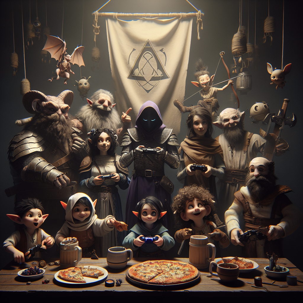 Create an image of a fantasy-infused birthday party. In the center, a family of characters can be seen, including small and rustic characters with pointy ears and curly hair (reminiscent of fantasy beings from folklore), characters clad in simple, monastic-style robes with futuristic weaponry, and characters in rumpled attire and wide-brimmed hats, engaged in a spirited video game session. They are celebrating with large tavern-style mugs and eating pizza. Hanging in the shadowy backdrop is a banner resembling a medieval sigil, and a character with a mischievous grin in apron and gloves makes a surprise appearance.
Generated with these themes: Lord of the rings, Star wars, Indiana jones, Gaming, Daughters, Beer, Simpsons , Pizza, Game of Thrones , and Dexter.
Made with ❤️ by AI.