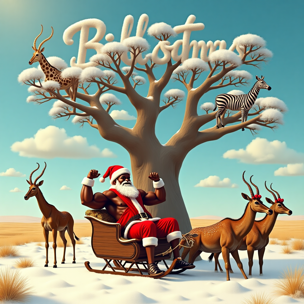 The scene takes place in a whimsical, snow-dusted African savannah. Picture a muscular Black Santa Claus, adorned in a vibrant red and gold kente cloth robe instead of the traditional red suit, revealing his toned arms as he flexes playfully. His snowy white beard is a striking contrast against his warm, rich skin tone, and he's wearing a Santa hat with a little twist—a leopard print brim. Behind him, a majestic baobab tree stands, its bare branches whimsically dusted with snow, each branch hosting various quirky African wildlife adorned in festive accessories—zebras with red and green scarves, elephants with Christmas baubles hanging from their tusks, and a giraffe with a Santa hat perched precariously on its head.

The ground is a unique blend of sandy earth intermingled with fluffy snow patches, creating an unusual but enchanting landscape. In the sky above, the recipient's name "Billy Christmas" is spelled out with puffy snow clouds, whimsically shaped to resemble friendly animals and toy trains, drifting softly across a bright blue sky with golden African sunrays peeking through. In the foreground, Santa is seated on a wooden sleigh, ingeniously strapped to a pair of enthusiastic antelopes instead of reindeer, as they prepare to take flight into the sky. This unique interpretation of Christmas magic breathes life into the scene, promising a holiday filled with both wonder and laughter.
Generated with these themes: Muscular Black santa, Africa, Snow, and .
Made with ❤️ by AI.