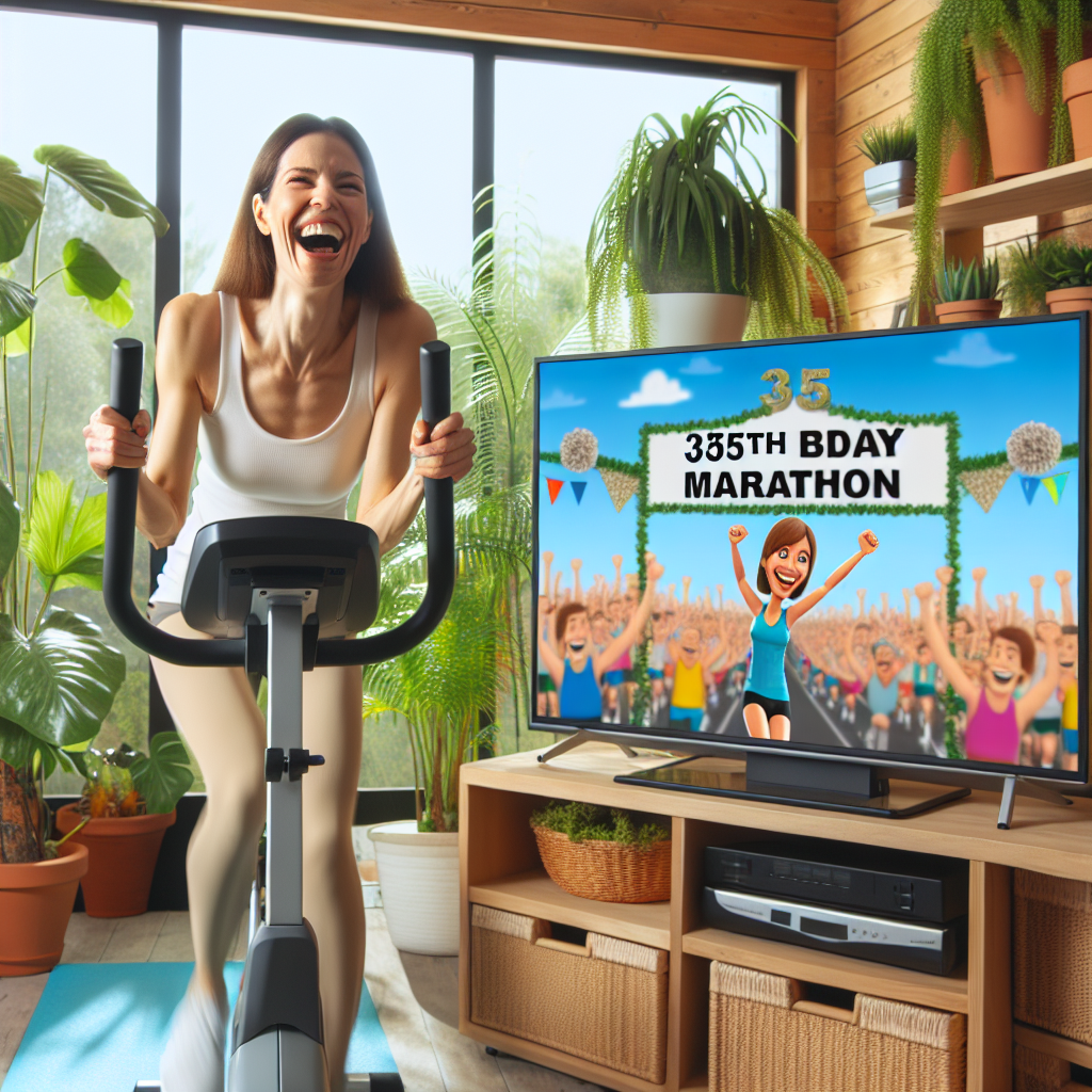 Roxie is center stage in a comedic birthday illustration, where a gym is turned into a tropical oasis complete with fitness-friendly plants. She's giggling while pedaling on a stationary bike as the TV displays 'Roxie's 35th Bday Marathon' with animated cheering fans.
Generated with these themes: Gym, Plants, Tv, Women, and 35.
Made with ❤️ by AI.