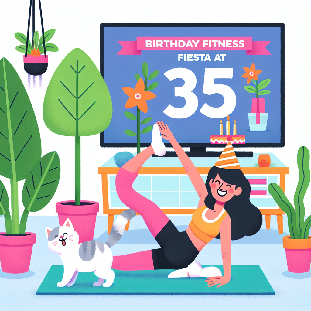 In this lighthearted illustration, Roxie is seen practicing yoga in a plant-filled gym with a TV broadcasting a show titled 'Birthday Fitness Fiesta at 35.' Roxie wears a birthday hat and chuckles as her feline companion amusingly attempts the tree pose beside her.
Generated with these themes: Gym, Plants, Tv, Women, and 35.
Made with ❤️ by AI.