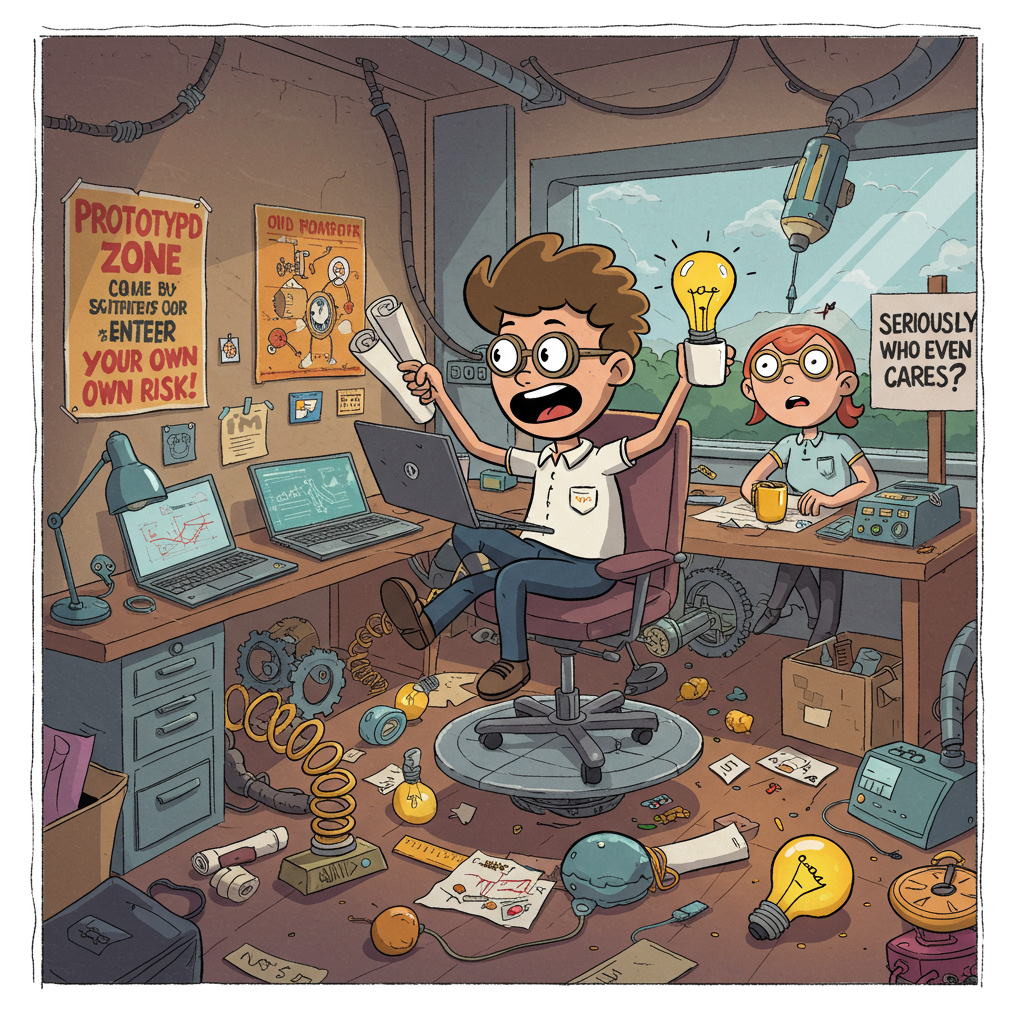 ### Image Prompt

At the top of the Cartoon Style image, write the text: "You figure it out".

**Scene Description:** 

Picture a vibrant, bustling workshop filled with cartoon characters in a frenzy of creativity. In the center, a character resembling Anthony, depicted as a quirky, wide-eyed inventor with a wild tuft of hair, is perched atop a spinning office chair. He's juggling blueprints, a laptop, and a cup of coffee, all while his chair whirls like a merry-go-round. The floor is strewn with colorful gears, springs, and lightbulbs, symbolizing wild ideas and chaotic inspiration.

Nearby, a character with an exaggeratedly bemused expression holds a sign that reads, "Seriously, who even cares?", adding a layer of cheeky humor to the scene. In the background, a whimsical poster pinned to the wall says, "Prototype Zone: Enter at Your Own Risk!" in bold, playful lettering.

The overall image bursts with bright colors, from the characters’ vibrant attire to the rainbow-hued gadgets littered around. Everything is drawn with thick outlines and exaggerated proportions, ensuring a light-hearted and humorous vibe.
Generated with these themes: Hey anthony hope you are well, i am spinning up a stupid prototype who would care about this , and .
Made with ❤️ by AI.