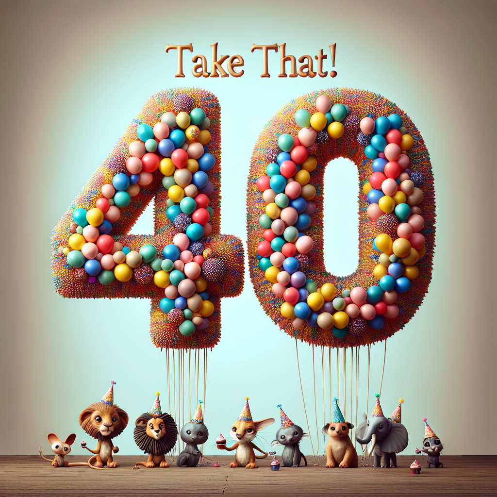 This artwork should showcase a touching celebration scene. The main focus is a striking '40' constructed from bright, colorful balloons. Woven exquisitely into the balloon strings is the phrase 'Take that!', adding a playful element to the image. Around the number, there are delightful animals donning party hats, each clutching a tiny cupcake. Their positioning and gestures should contribute to the overall jovial and heartening ambiance, truly bringing out the essence of a special birthday celebration.
Generated with these themes: 40, and Take that.
Made with ❤️ by AI.