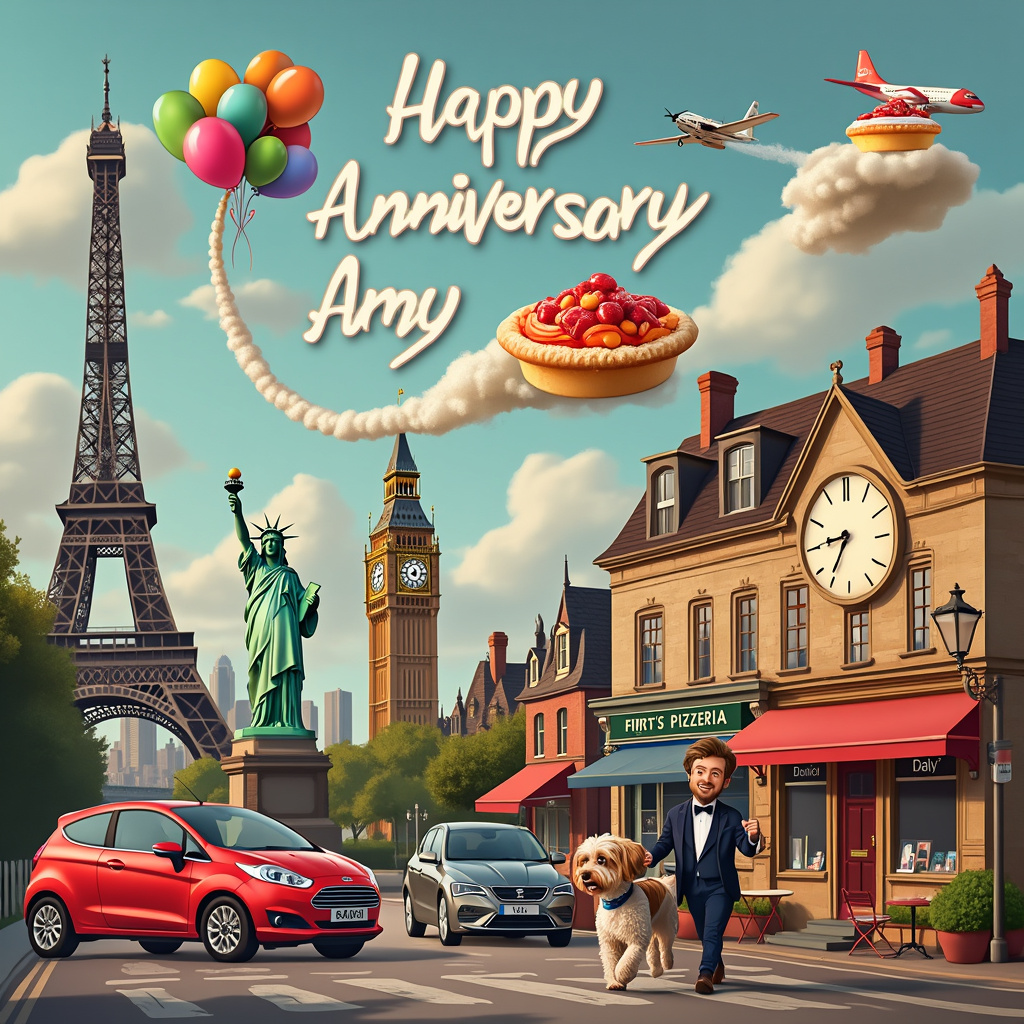 The scene is a whimsical, bustling cityscape that merges iconic landmarks from Paris, New York, and London into a surreal tableau. The Eiffel Tower and the Statue of Liberty stand side by side, each adorned with colorful balloons. Big Ben towers in the background, its clock face whimsically decorated with a slice of Bakewell tart and a can of Pepsi Max.

In the foreground, a quaint Parisian-style house with a charming red Fiat 500 parked outside sits on the left. On the right, a sleek Jaguar F-Pace zooms past a vibrant pizza parlor that has a neon sign spelling out "Amy's Pizzeria" in playful, bubbly letters. 

Suspended above this fantastical cityscape, a fleet of cartoonish aeroplanes flies in a loop-de-loop formation, spelling out "Happy Anniversary Amy" in fluffy, white skywriting.

Two adorable dogs, a Cavapoo and a Cockapoo, are playfully chasing each other around a sidewalk café table. The café table is adorned with a luscious Bakewell tart and an open can of baked beans, which a quirky waiter dressed in a tuxedo is attempting to serve with an exaggerated flourish.

In the background, a giant slice of Madeira cake acts as a whimsical mountain, complete with tiny cartoon climbers scaling its icing-covered peak. A quaint, vintage house floats on a fluffy cloud, tethered by colorful ribbons to the jagged skyline.

Overall, the scene is packed with intricate, cartoonish details that bring this surreal, anniversary celebration to life. The recipient’s name, "Amy," is incorporated multiple times, from the aeroplane skywriting to the neon sign of the pizzeria, ensuring she feels at the center of this enchanting, whimsical world.
Generated with these themes: Paris, New york, Aeroplanes, Cavapoo, Cockapoo, House, London, Bakewell tart, Baked beans, Pizza, Madeira, Fiat 500, Jaguar f pace, and Pepsi max.
Made with ❤️ by AI.