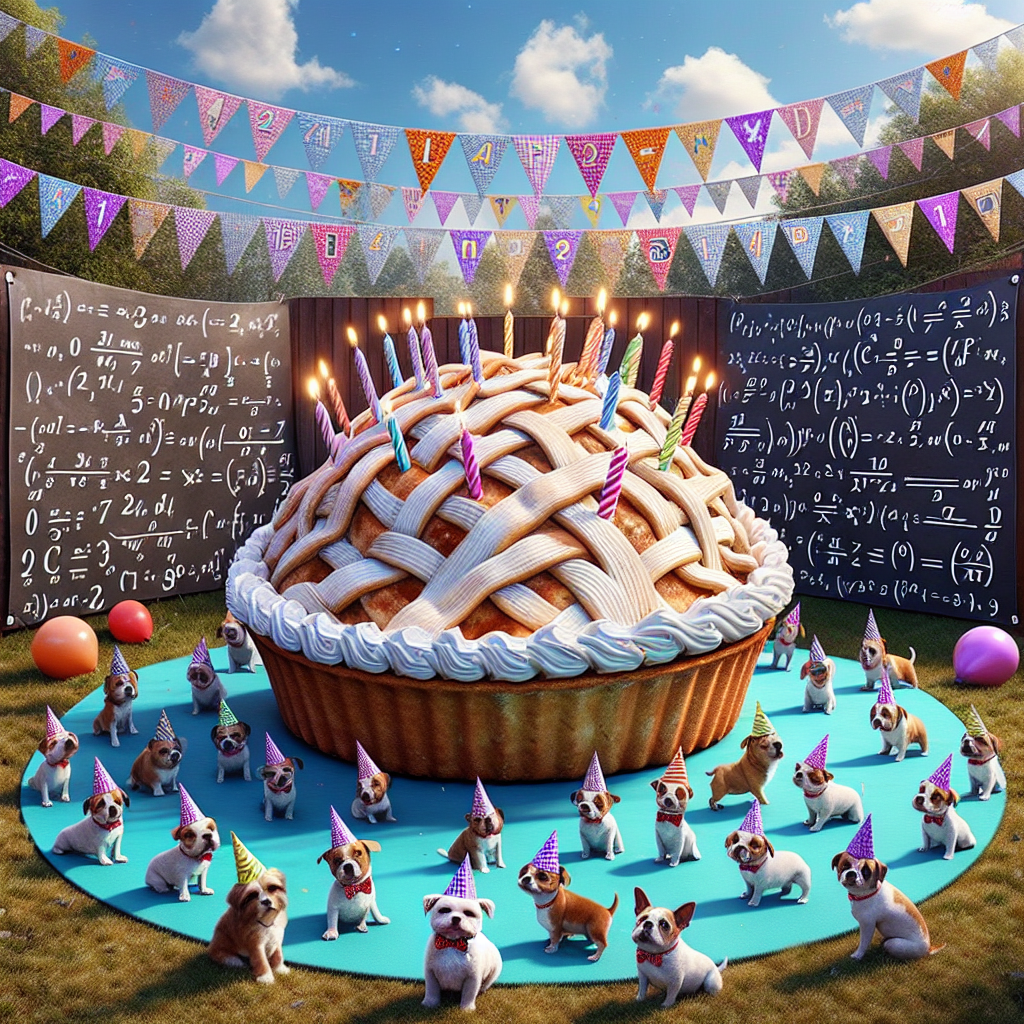 This is a delightfully chaotic birthday scenario situated in a merry backyard. In the middle, an imaginitively huge birthday pie, a deviation from the normal cake, has candles comically popping out from its crust. Encirculating the pie is a group of small, spirited dogs all donned in party hats anticipating their servings eagerly even though one mischievous pup has already taken a face-first plunge into the pie. Mathematical equations and symbols ornament the festive banners in the backdrop giving the decorations an idiosyncratic flair. The entire visualization is imbued with an element of jocular levity that makes it ideal for a birthday greeting card.
Generated with these themes: Pies, Small dogs, and Maths.
Made with ❤️ by AI.