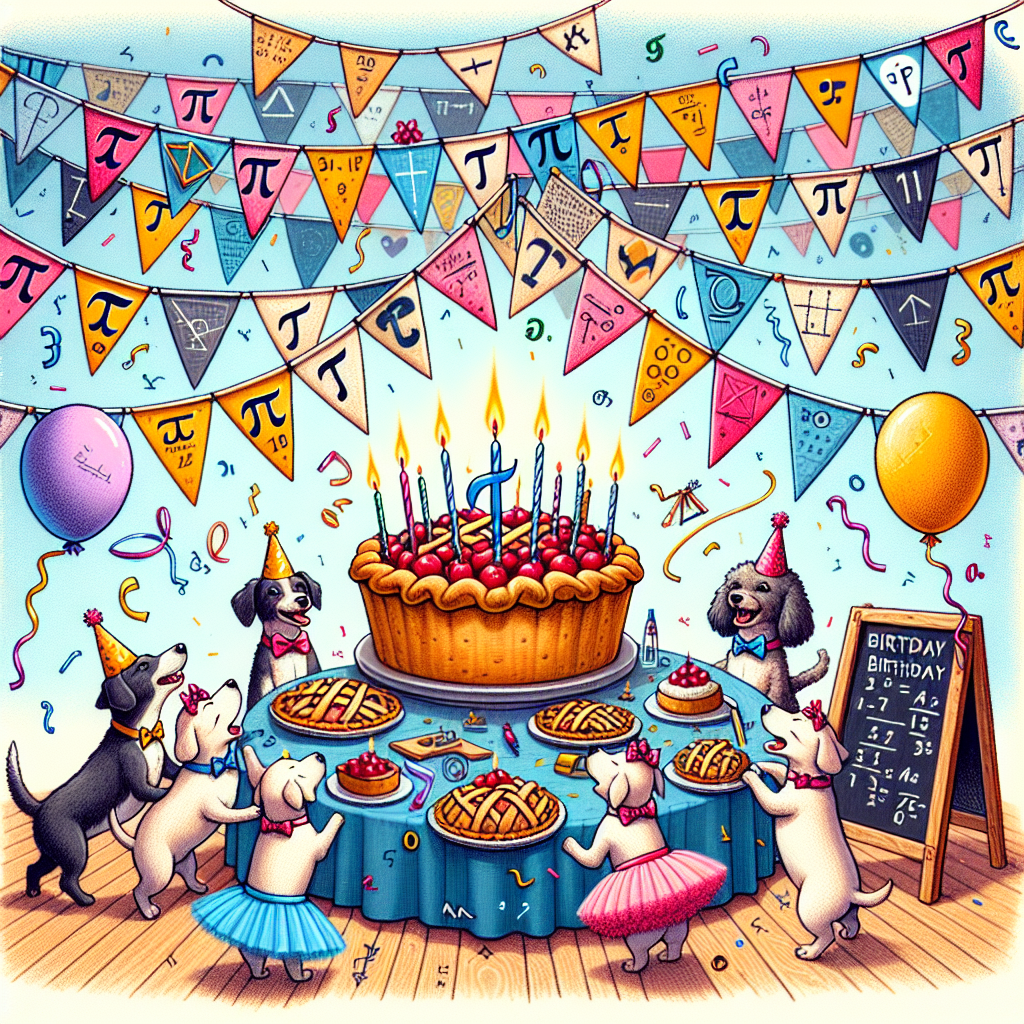 Create a vibrant birthday illustration set in an outdoor party environment. It should depict math-inspired bunting fluttering above the party scene. This bunting will feature pi symbols and geometry shapes intertwined with festive streamers. At the center of the gathering, illustrate a giant cherry pie crowned with birthday candles, waiting for the birthday wish. Around the table, depict a group of small dogs dressed in bowties and tutus joyfully competing over a spread of mini pie treats. Capturing a playful atmosphere, one of the dogs should hold a chalkboard with a humorous equation on it. This scenario should effectively juxtapose an enthusiasm for mathematics with a lively birthday celebration spirit.
Generated with these themes: Pies, Small dogs, and Maths.
Made with ❤️ by AI.