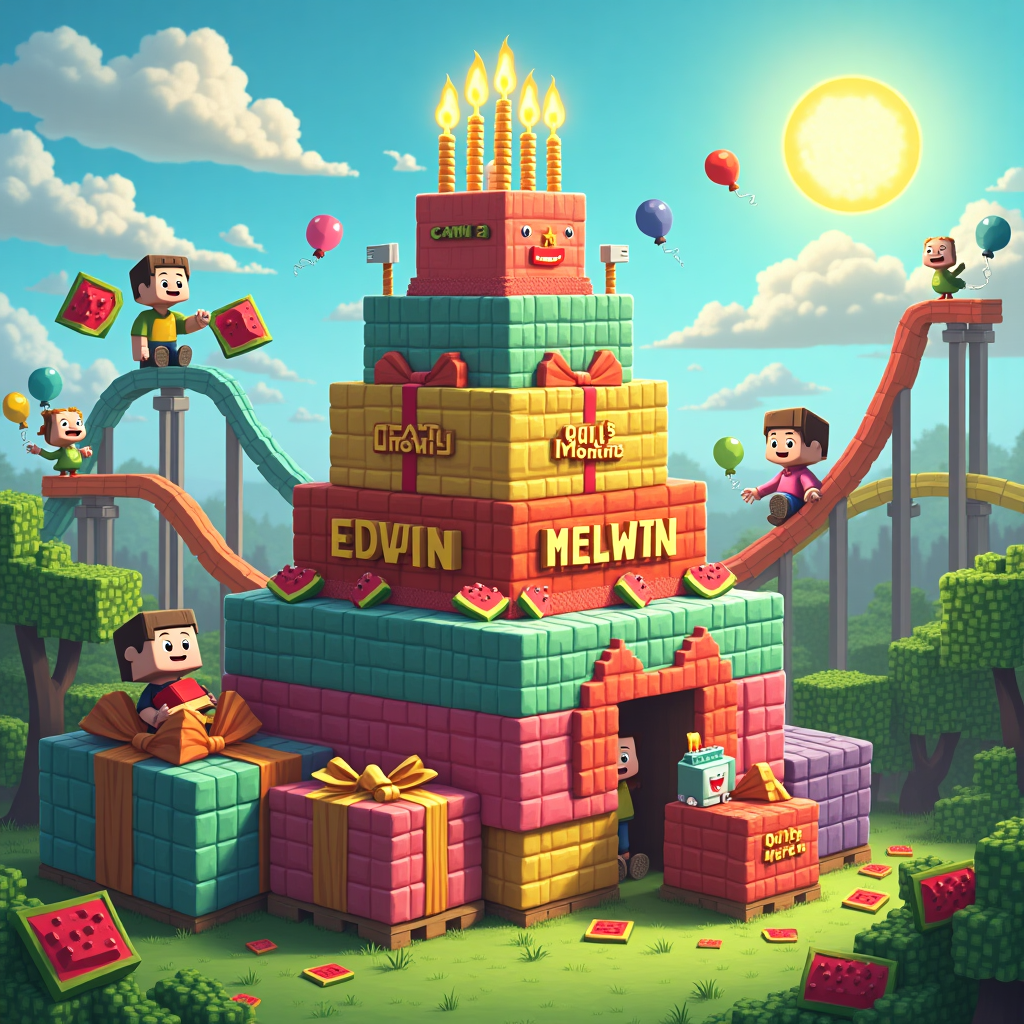 In the whimsical world of "MineBirthdayCraft," our scene opens with a sprawling blocky landscape reminiscent of Minecraft, bursting with vibrant, pixelated life. At the center, a colossal birthday cake towers, constructed entirely of colorful blocks, each representing a different flavor of deliciousness. Its tiers are stacked high, with pixelated candles atop flickering cheerfully, casting a warm glow over the entire scene. The cake bears the names "Edwin & Melwin" intricately crafted in blocks of gold and emerald, forming a sparkling "Happy Birthday Edwin & Melwin" banner that arches across the cake's midpoint, gleaming brightly against the digital sky.

Around this epicenter, a cast of animated, blocky characters reminiscent of Charles Schulz’s Peanuts playfully mingles. Steve and Alex from Minecraft, drawn with a playful nod to Walt Disney's exaggerated expressions, are attempting to balance on a pair of oversized gift boxes wrapped in bold, pixel-patterned paper and topped with gigantic bows. One of the boxes has burst open, revealing a parade of endearing, wide-eyed animals akin to those found in Osamu Tezuka's creations, who are joyously munching on pixelated slices of watermelon.

In the sky above, cubed clouds float lazily, and the sun—a giant, grinning pixel sphere—watches over the festivities, much like a character from a Bill Watterson comic. A cheeky Enderman, with a face reminiscent of a Gary Larson character, playfully rearranges the blocks of a nearby tree, forming a heart shape with its leaves. In the background, a series of vibrant minecart roller coasters zigzag across the scene, as blocky villagers cheer and wave from the rides, channeling the adventurous spirit of Hergé's Tintin.

Nestled in the corners, tiny creeper balloons float, their faces painted with a mischievous grin, while a group of blocky chickens, styled after R. Crumb's underground comix characters, form a conga line, clucking a festive tune. The ground is a checkerboard of grass and dirt blocks, populated by little Minecraft pigs and cows who are wearing party hats that mimic the ornate detailing of Winsor McCay's dreams.

This card is a joyous, bustling celebration, a visual feast combining the storytelling prowess of Will Eisner and the imaginative wonder of Art Spiegelman, where every element is a tribute to the playful universe of Minecraft, all crafted with love for Edwin & Melwin's special day.
Generated with these themes: Minecraft birthday world, and .
Made with ❤️ by AI.