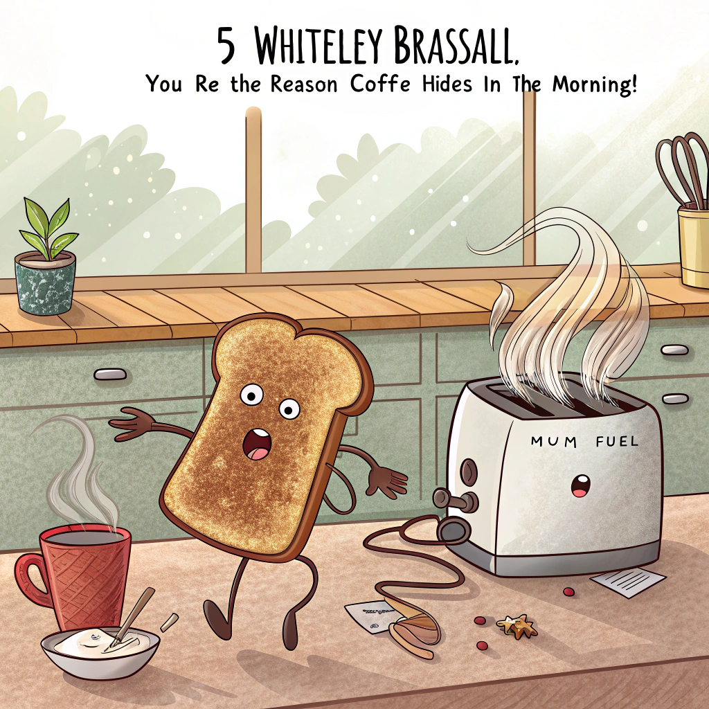 At the top of the image, "5 Whiteley Brassall, You’re the reason coffee hides in the morning!"

– In the center of the illustration, depict a quirky cartoon kitchen scene in mid-chaos: a slice of burnt toast fleeing from an angry toaster with arms, a whisk tangled in spaghetti leaping off the counter, and a spilled mug labeled “Mum Fuel” sprouting legs and attempting to sprint away.  
– The background features a cheerful sunrise peeking through the window, looking horrified.  
– On the fridge, a sticky note reads “Do NOT forget Mother’s Day again!” stuck next to a cartoonishly bad crayon drawing of a flower.  
– Style: Whimsical hand-drawn illustration with bright pastel colours and exaggerated expressions.
Generated with these themes: 5 Whiteley Brassall.
Made with ❤️ by AI.