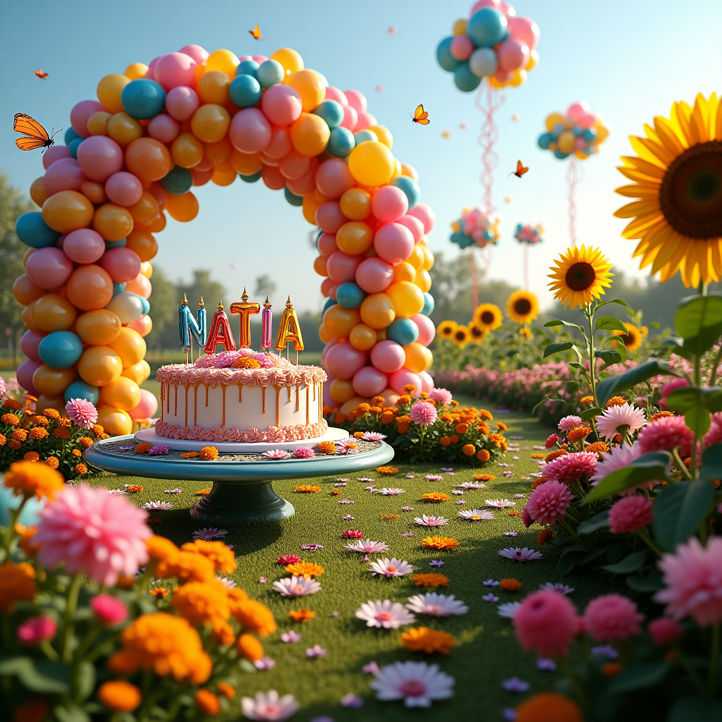 Picture a whimsical garden where the laws of gravity seem to have taken a delightful day off. In this vibrant birthday scene, the garden is alive with a cacophony of colors. To the left, a massive bouquet of flowers has blossomed from the earth, but these aren't ordinary flowers. Each bloom is a helium-filled balloon, their translucent petals glistening under the sun's playful rays. Roses, daisies, and tulips in balloon form hover just above the ground, their strings gently swaying like stems in the breeze.

In the center of the garden, a large, intricately decorated cake table stands, its surface covered in an array of small, edible flowers. Atop the cake is a burst of multicolored candles shaped like the letters spelling out "Natia." These candles look like they're ready to spring into the sky themselves, adding a unique twist to the traditional birthday cake. A small flock of friendly butterflies, crafted from tiny balloons, flutters around the candles, their wings casting playful shadows on the icing.

To the right, a grand archway made entirely of intertwined flowers and balloons leads into this magical garden. This archway, a masterpiece of floral design, features bright marigolds and lavender interlaced with sky-blue and lemon-yellow balloons, their textures contrasting yet complementing one another. Above this archway, hovering playfully in the sky, is a skywriting message composed of cloud-like balloon letters that spell out, "Happy Birthday Natia!" Each letter is tethered to the earth by a string of blossoms, ensuring Natia's special message dances high above the garden without drifting away.

In the background, a row of tall sunflowers sways gently, each with a balloon at its core instead of seeds, nodding along as if celebrating this joyous day. The sun casts a golden glow over the entire scene, making every balloon and flower shimmer with life. This is a place where the natural and the fantastical have merged into a joyful celebration of Natia's birthday.
Generated with these themes: Balloons and flowers.
Made with ❤️ by AI.