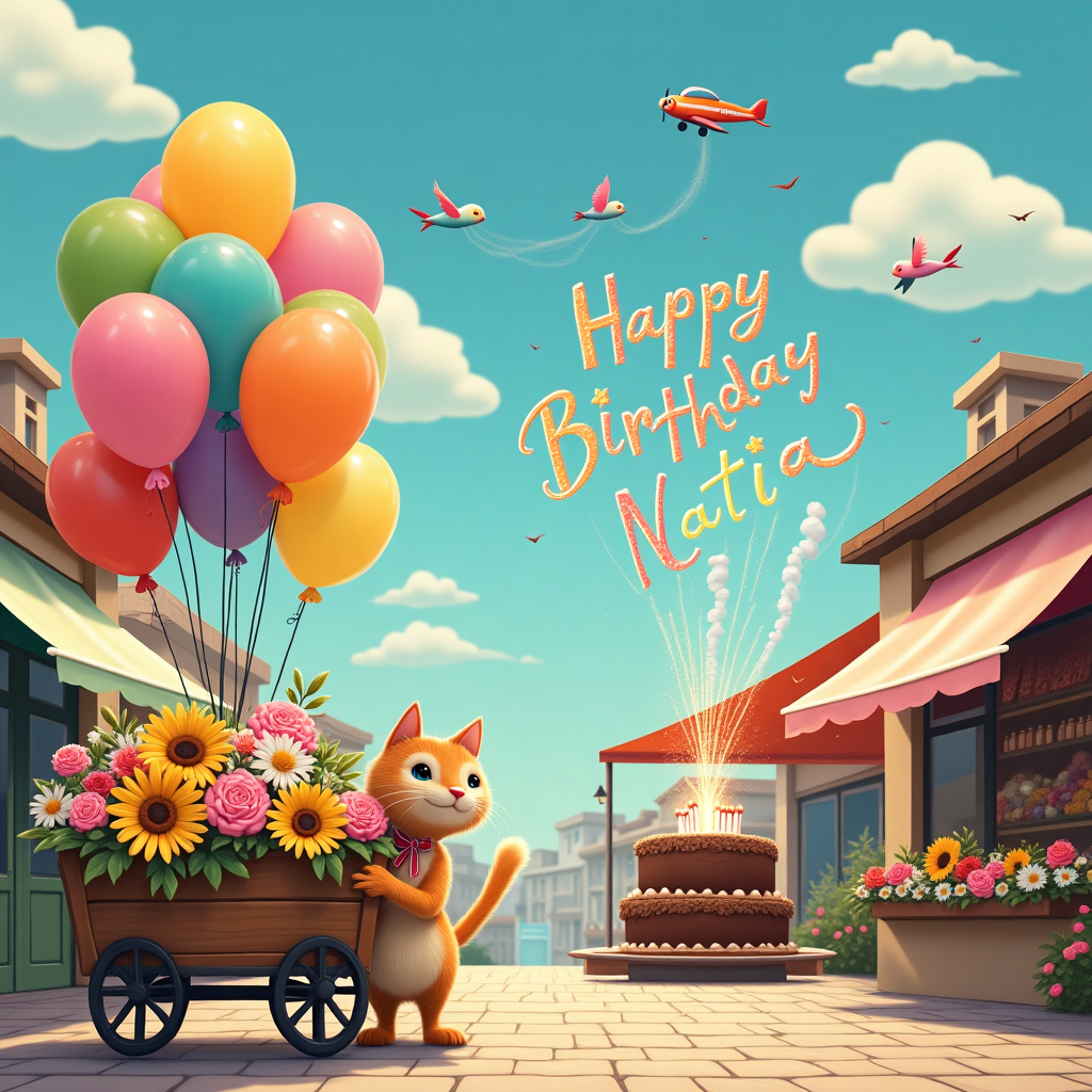 In this whimsical birthday card scene, imagine a vibrant, realistic photograph of a bustling flower market square on a sunny day. In the foreground, a cheeky cluster of multicolored helium balloons, shaped like adorable animals, float lazily above a wooden cart bursting with a variety of blossoms. The flowers are a riot of colors: cheerful sunflowers with their dark centers, delicate pink peonies, velvety red roses, and a scattering of wild daisies. The balloons, reflecting the sunlight, cast playful shadows on the cobblestone path. A curious tabby cat with a ribbon around its neck perches on the edge of the cart, pawing gently at a yellow balloon.

In the background, a quaint bakery displays its goods, and the shop's window holds a large chocolate cake topped with sparklers, lit and sizzling in celebration. The icing on the cake spells out "Happy Birthday Natia" in vibrant, colorful script. Above, the sky is a brilliant blue with a few fluffy clouds shaped like whimsical animals. The clouds seem to play a game of hide and seek with the bright sun. Between the clouds, a skywriting plane trails smoke that spells out "Natia" in large, looping letters. Birds flutter through the letters as if playing tag with the smoke, adding movement to the scene. This lively, bustling market square encapsulates the joy and whimsy of a birthday celebration, capturing the eye and heart with its vibrant details and charming elements.
Generated with these themes: Balloons and flowers.
Made with ❤️ by AI.