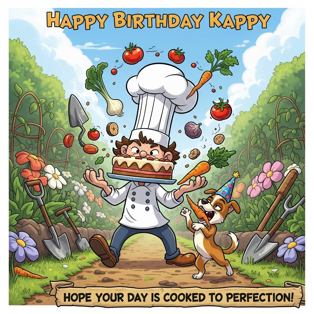 At the top of the Cartoon Style image, add the text: "Happy birthday Kappy"

**Image Description:**

In a whimsical, vibrant garden setting, a cartoon character with a comically oversized chef hat is juggling various garden vegetables while attempting to bake a cake. The cake ingredients include freshly picked tomatoes, a garden trowel, and a small dog playfully trying to grab a carrot from the mix. The garden is lush with exaggeratedly large flowers and oversized gardening tools scattered about. The dog, with a cheeky grin, is also balancing a tiny birthday hat on its head. 

In the bottom corner of the image, add a cheeky banner that reads: "Hope your day is cooked to perfection!"
Generated with these themes: Cooking, gardening, walking the dog, and .
Made with ❤️ by AI.