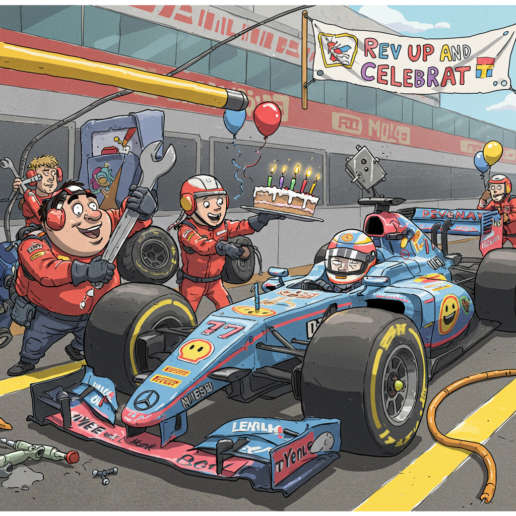 **Image Prompt:**

Picture a bustling F1 pit stop, but with a comical twist. The scene is animated with zany, cartoonish characters. In the foreground, a rotund, smiling mechanic with an oversized wrench is energetically trying to fit it into a tiny, overly-complicated tire. Beside him, another mechanic, who has the exaggerated proportions of a beanpole, is hilariously tangled up in a bunch of bright red and yellow hoses. 

The F1 car itself is a whimsical spectacle, with enormous, exaggerated tires and a brightly colored body that sports silly stickers of happy faces and birthday cakes. The driver, wearing an oversized helmet with wide, playful eyes peering out, is leaning out the window, joyfully holding a cartoonishly large birthday cake with a single, tall, wobbly candle.

In the background, a banner flaps in the air reading: "Rev Up and Celebrate!"
Generated with these themes: F1 , Mechanic, and .
Made with ❤️ by AI.
