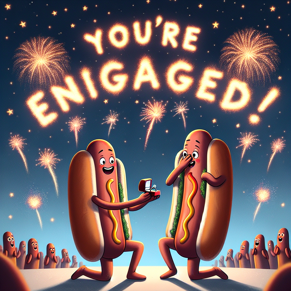 Illustrate a scene under a night sky filled with stars and fireworks as a backdrop. A pair of anthropomorphic hot dogs are the center of attention; one hot dog is seen down on one knee, elegantly presenting an engagement ring, embodying the traditional pose of proposing. While the other hot dog, surprised yet filled with delight, covers their mouth out of emotion. In the sky, the fireworks arrange themselves into the words 'You're Engaged!', adding a dash of magic to the whole scene. This moment marks their special achievement, a unique and charming spectacle filled with joy.
Generated with these themes: Hot dogs , and Getting engaged.
Made with ❤️ by AI.