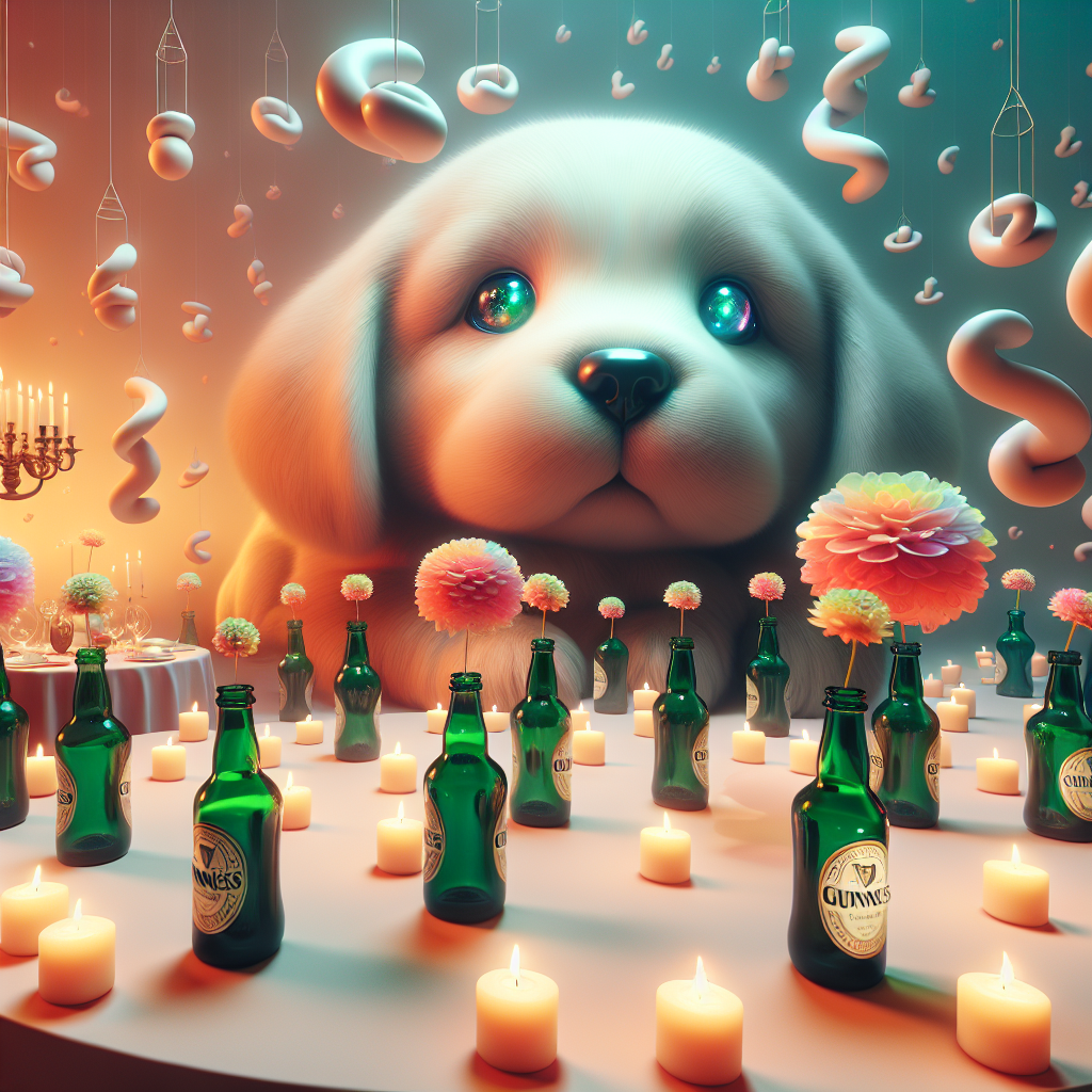 Imagine a fantastical birthday party that drifts between reality and illusion. The main attraction is a massive, hyper-realistic sculpture of a cute puppy with shimmering, lifelike eyes. Surrounding this, gentle radiance of floating candles bathes the area, shedding a warm glow on smaller tables. These tables feature short Guinness bottles serving as unique vases, each bottle accommodating a single, impossible vibrantly colored flower. Interspersed in the air, weaving a melodic texture, is the tune played by a jazz quartet, creating aural patterns that seem both strange and harmoniously fitting to this realm of understated marvel.
Generated with these themes: Puppy, and Guinness.
Made with ❤️ by AI.