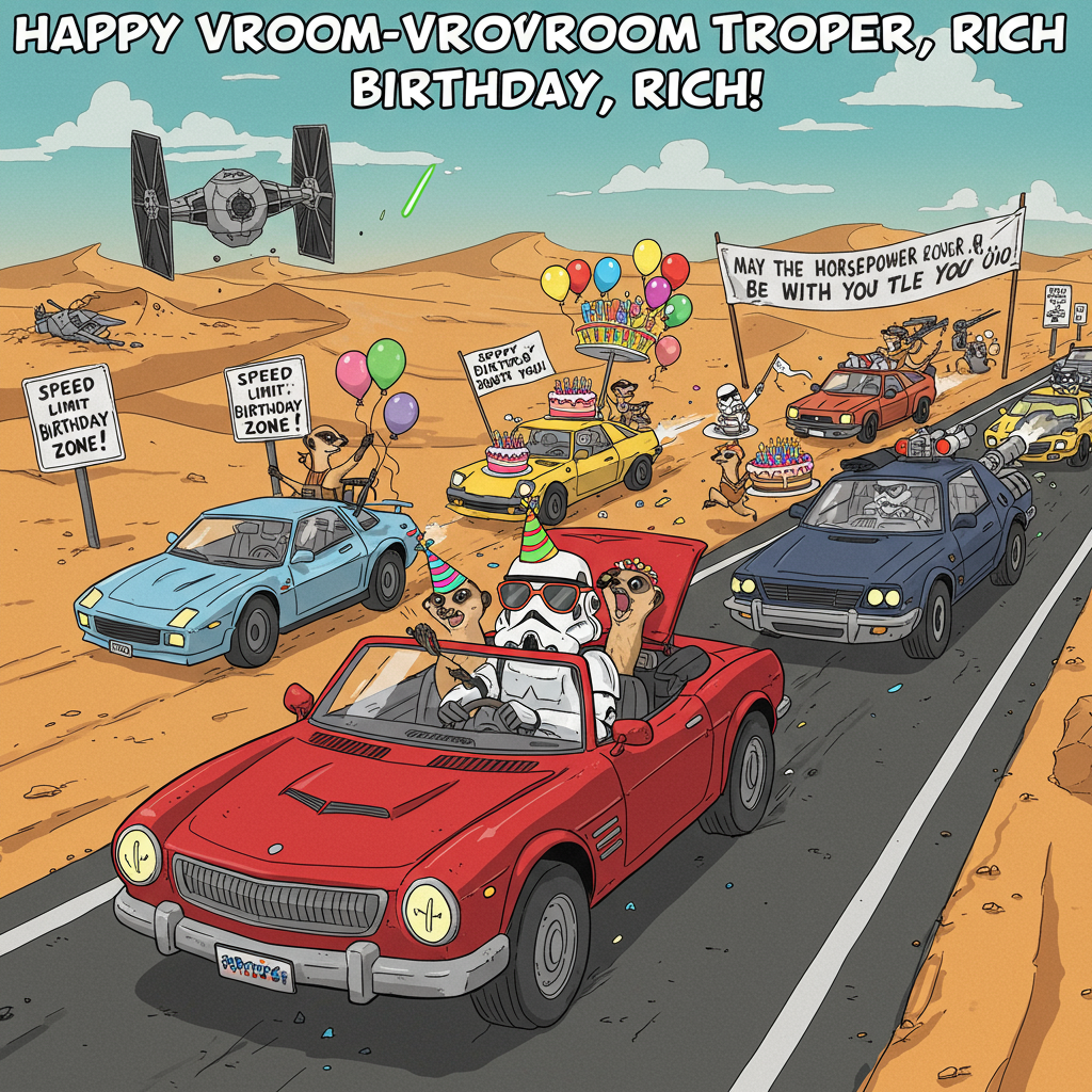 **Image Prompt:**  
At the top of the cartoon image: *“Happy Vroom-Vroom Trooper Birthday, Rich!”*

**Visual Description:**  
A hilariously chaotic birthday race scene set on a galactic desert highway. A sporty red convertible zooms along, driven by a very serious-looking Stormtrooper in party sunglasses. Riding shotgun is a bewildered meerkat gripping the dashboard, wearing a birthday hat flying in the wind.

Behind them, several other cars give chase Mad Max–style, driven by rival Stormtroopers and meerkats teaming up — one group firing confetti cannons, another waving tiny “Happy Birthday!” flags. Balloons trail from antennae. One meerkat rides in the trunk of a souped-up space-car holding a cake like it’s a precious relic.

In the background: sand dunes, random droids holding “Speed Limit: Birthday Zone!” signs, and a banner slung between two crashed tie-fighters that reads: “MAY THE HORSEPOWER BE WITH YOU!”  

Overall vibe: birthday joy, intergalactic road trip mayhem, and total meerkat mischief.
Generated with these themes: Cars, Stormtroopers, and Meerkats.
Made with ❤️ by AI.