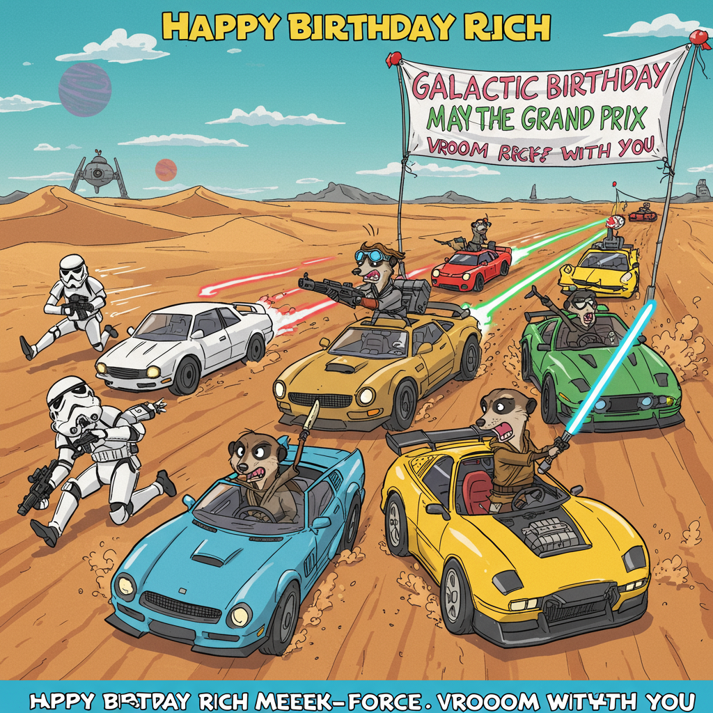 **Prompt:**

At the top of the cartoon image, "Happy Birthday Rich – May the Meerk-Force Vroom With You!"

A cartoon scene showing a high-speed car race on a desert planet. A squad of Stormtroopers in full armor are frantically trying to chase down a group of cheeky meerkats who are driving souped-up hot rods and space-converted muscle cars, all customized with spoilers and laser cannons. One meerkat wears Luke Skywalker’s robe and goggles, standing out the sunroof wielding a banana like a lightsaber. Stormtroopers crash comically into sand dunes and one has his helmet backwards. Background includes Star Wars-like speed trails, a twin-sun sky, and an inflatable "Galactic Birthday Grand Prix" banner flapping above the mayhem. Bright colors, silly expressions, and comic chaos all around.
Generated with these themes: Cars, Stormtroopers, and Meerkats.
Made with ❤️ by AI.