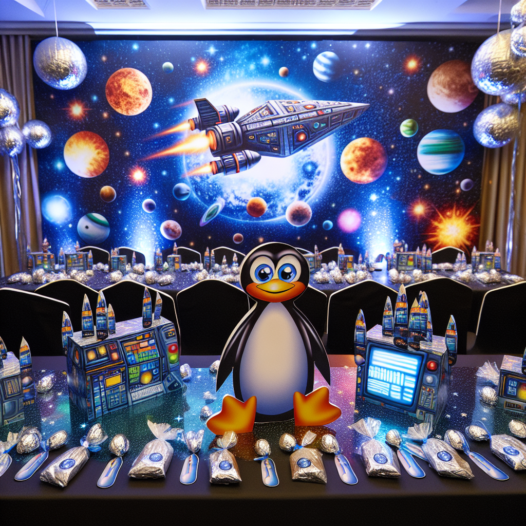 An animated birthday theme full of energy, infused with an element of space exploration. The decoration includes a playful representation of a futuristic spaceship travelling through a cosmic landscape filled with radiant stars and varied planets. Party tables are covered with tablecloths that mirror the celestial universe, while a recognizable cartoon penguin symbolising open-source software wears a crew attire evocative of space adventures. The table centerpieces are adorned with a heap of foil-wrapped milk chocolate delicacies, innovatively shaped like handheld telecommunication devices and scanning appliances commonly seen in science fiction.
Generated with these themes: star trek, linux, milk chocolate.
Made with ❤️ by AI.