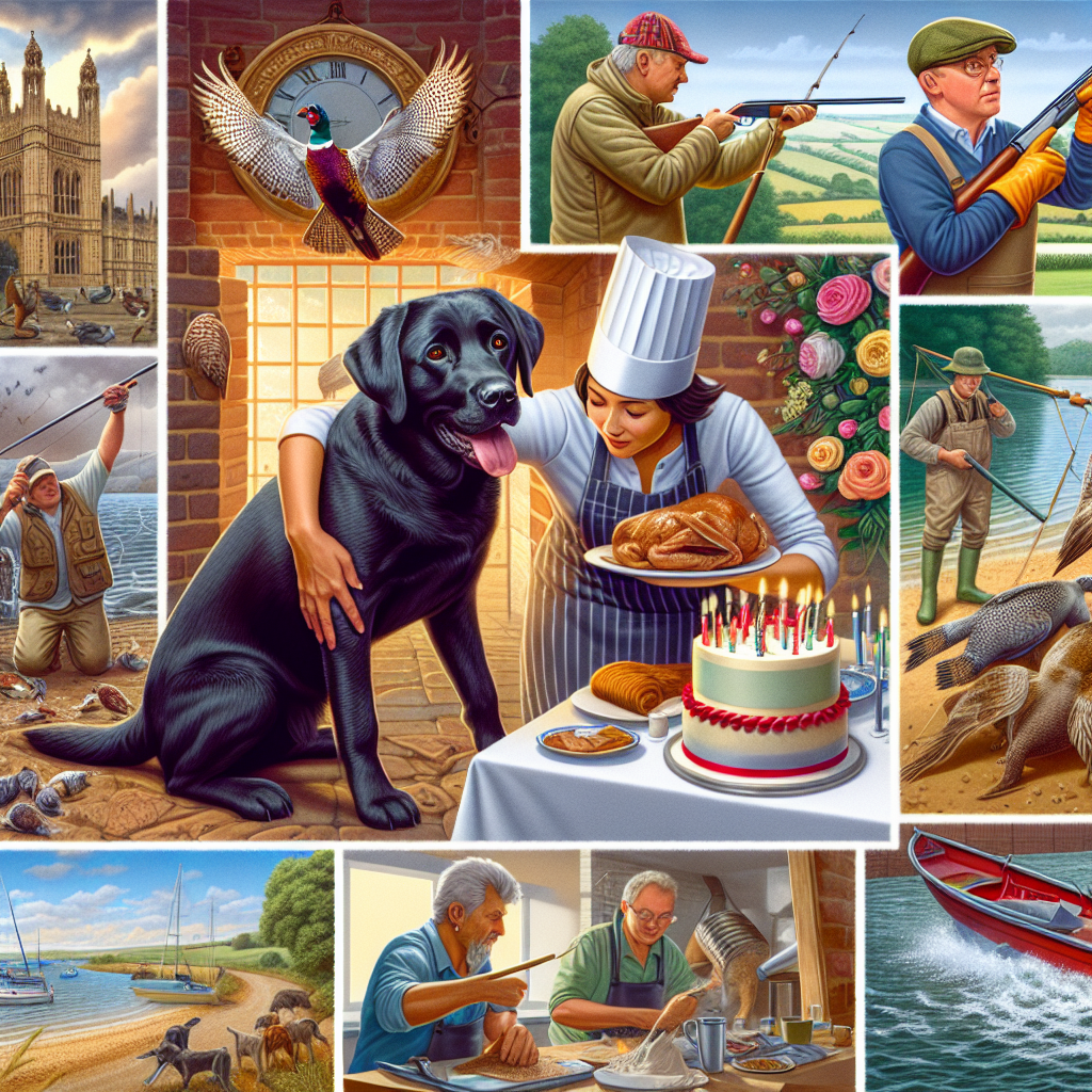 Create a captivating image that incorporates a birthday theme, a picturesque country setting, and elements of pheasant shooting and sea fishing. A focal point is a black Labrador dog, eager to join the festivities. The background showcases individuals performing construction tasks; one shows skill in bricklaying while another applies plaster to a wall, both symbolizing dexterity and craftsmanship. In the center of the scene is a festive table being prepared by a South Asian female character dressed in a chef's hat, attentively assembling a mouthwatering birthday feast.
Generated with these themes: Pheasant shooting, Sea fishing, Black Labrador dogs, Bricklayer , Cooking, and Plastering.
Made with ❤️ by AI.
