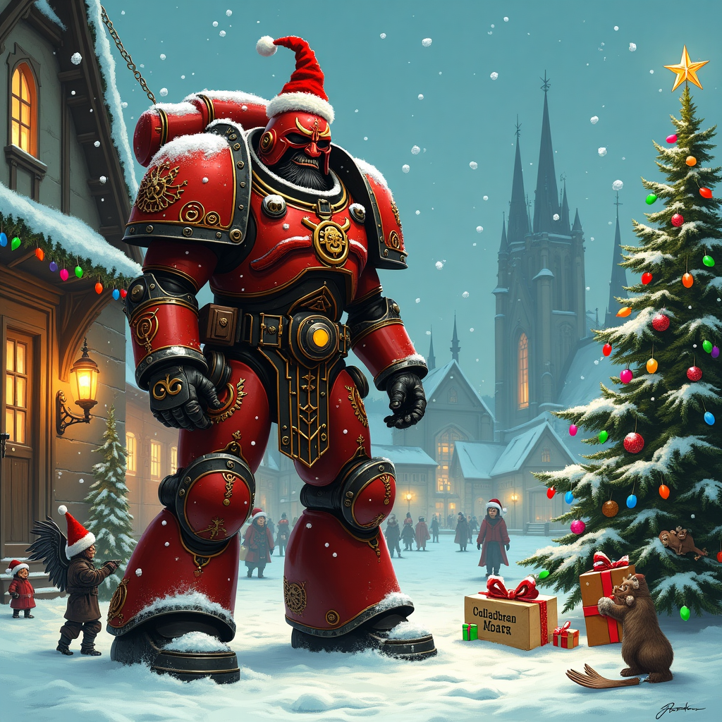 In the bustling heart of a snow-covered, fantastical village reminiscent of a cross between Norman Rockwell's cozy Americana and Arthur Rackham's whimsical linework, stands a towering Chaos Space Marine from Warhammer 40k, gleefully entangled in an unexpected festive fiasco. The Marine, donned in his formidable and intricately detailed power armor painted a deep crimson, is surprisingly festooned with strings of twinkling Christmas lights that blink with varying hues of red, green, and blue. His helmet, engraved with ominous symbols and crowned with a crest of intimidating spikes, sports an oversized Santa hat that's precariously perched atop, adding a humorous contrast to his fearsome appearance. Around him, a flurry of chattering servo-skulls with wings resembling Beatrix Potter's charming woodland creatures are humorously attempting to help or hinder the decorating process, each clutching tiny ornaments or baubles. In the background, a collection of Warhammer-themed gingerbread cookies, depicting miniature Space Marines and Eldar warriors, hang from a crooked, yet robust Christmas tree that seems almost alive, as though one of Maurice Sendak’s fantastical creations. Nearby, a detailed parchment gift list, penned in elaborate, Quentin Blake-esque calligraphy, flutters on the cold wind, inked with names like "The Emperor" and "Ork Warboss." The ground is dusted with snow, echoing Maxfield Parrish's ethereal landscapes, while the distant gothic spires of a cathedral, inspired by Gustave Doré’s dramatic architecture, loom under a sky full of swirling snowflakes. The entire scene, a symphony of delightful chaos and unexpected holiday cheer, captures the bizarre yet endearing intersection of grim darkness and whimsical festivity.
Generated with these themes: Chaos Space Marine, Warhammer, Warhammer 40k, and Skulls.
Made with ❤️ by AI.