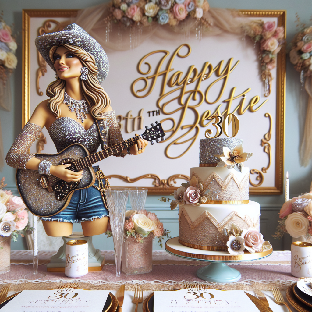 Envision a 30th birthday party radiating with southern charm and delightful beauty. The main element in this scene is a life-like, meticulously hand-painted cake topper of a stylish female country singer, adorned in a rhinestone outfit, playing a guitar. The room is attractively decorated with pastel-coloured burlap and lace, augmented by regal floral arrangements that emulate a country aesthetic. Customized invitations and party favors carry the celebratory text 'Happy 30th Bestie' in a unique script font, adding an element of personalization to the decor.
Generated with these themes: Dolly Parton, 30th, and Bestie.
Made with ❤️ by AI.
