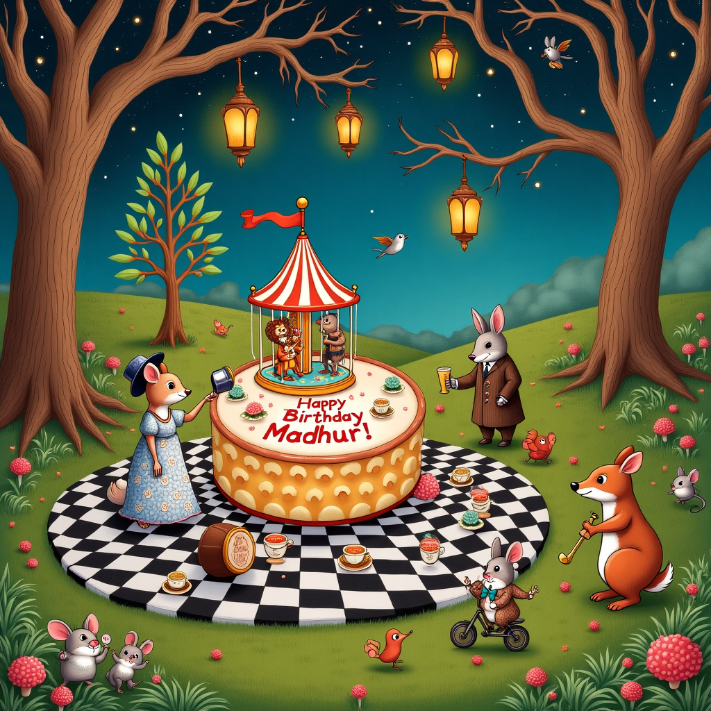 The scene unfolds in a whimsical, fantastical garden party setting, reminiscent of a crossover between a Beatrix Potter countryside and a Quentin Blake party extravaganza. At the center is a gigantic, ornately decorated birthday cake with "Happy Birthday Madhuri!" spelled out in vibrant icing. The cake is topped with a mini carousel, complete with tiny animals, like a lion and an elephant, joyously revolving. Madhuri, an elegantly dressed rabbit, reminiscent of a Beardsley character with intricate patterns on her dress, stands beside the cake, holding a large, ornate spoon as if ready to dig in.

Surrounding Madhuri are her eclectic party guests. A dapper fox, inspired by Edward Gorey’s sophisticated characters, tips his hat while holding a flute of sparkling cider. On a nearby table, an array of tiny teacups and a vintage teapot, each cup painted with different flowers as if out of a Rackham fairytale, are set for a tea party. Maxfield Parrish-like glowing lanterns hang from the twisted branches of a gnarled tree, casting a kaleidoscope of colors over the scene.

In the foreground, a small band of mouse musicians play tiny instruments. One mouse, with a bow tie too large for his tiny neck, enthusiastically bangs on a walnut drum, while another mouse plays a trumpet made from a thimble. All around, birds flutter through the air, carrying ribbons and miniature flags, their feathers brushed in vivid hues like Maurice Sendak’s creations. A squirrel, dressed in an old-fashioned waistcoat, balances precariously on a unicycle, juggling acorns above the grassy dance floor.

In the background, an Aubrey Beardsley-inspired black and white checkered path leads off into the distance, winding through fields dotted with whimsical flowers and mushrooms. A backdrop of a starry sky, reminiscent of Gustave Doré's celestial etchings, hints at the magic of the night to come. The scene is a bustling, colorful tapestry of imagination and detail, every corner filled with tiny stories waiting to be discovered, celebrating the wonder that is Madhuri’s birthday.
Generated with these themes: Happy Birthday Madhuri.
Made with ❤️ by AI.