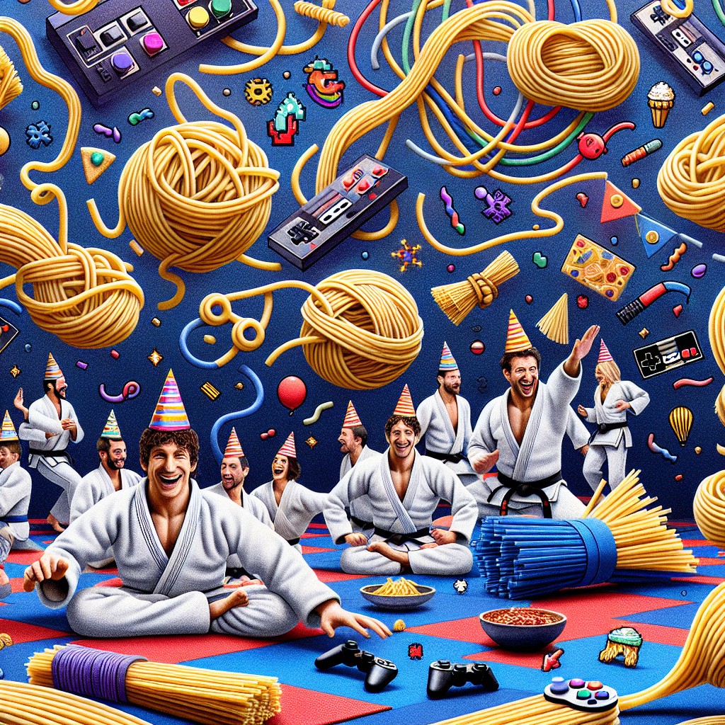 Create a jolly, surreal setting featuring animated string-like pasta wearing small celebratory hats, frolicking against a background that bursts with a resplendent palette of colors and whimsical, abstract geometrical forms. In one section, depict a traditional Jiu Jitsu mat. Show figures engrossed in the martial art's distinctive moves, a tribute to disciplined physical action. On the opposite side, capture nostalgia with a vintage game console and controllers. Juxtapose the anything-goes theme, with pixelated characters and decorative balloons imbued with elements of classic video games, in a salute to the analog era of gaming. Capture the sense of joy, chaos, and camaraderie at the intersection of world cuisine, martial fitness, and tech-inspired entertainment.
Generated with these themes: Noodles, Jui Jitsu, and Gaming.
Made with ❤️ by AI.