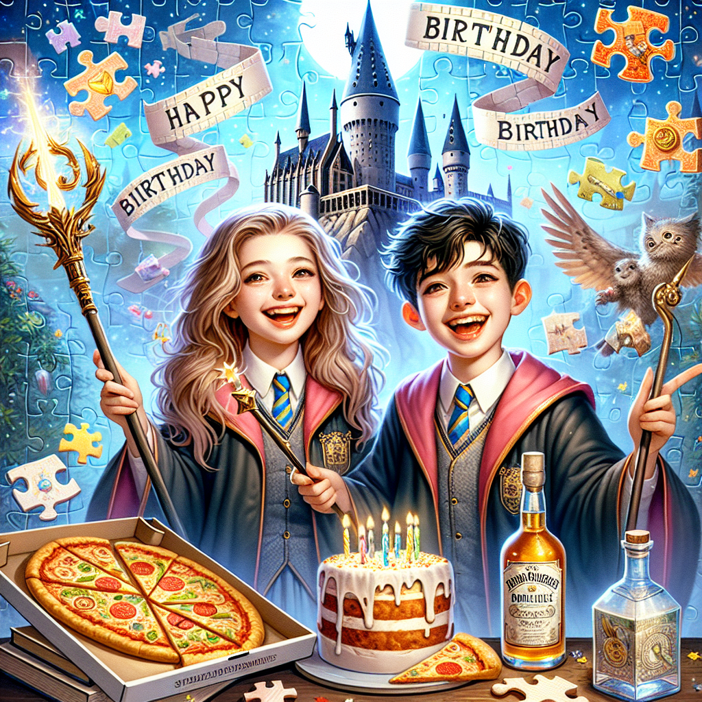 A captivating birthday-themed illustration portrays a Caucasian girl and a Hispanic boy, presumably siblings, grinning cheerfully as they stand in a fantasy school of magic scene. The siblings wear enchanting student robes and hold mystical staffs, with a towering castle similar to a well-known magical school in the distance. A structure made of building blocks adds a playful element, while slices of pizza are ingeniously embedded into the setting, appearing atop these blocks. A bottle of distilled spirit, rendered artistically with delicate hues, rests beside them. In the heavens, puzzle components merge to form a mosaic of birthday greetings, generating a magical and lively atmosphere.
Generated with these themes: Her daughter, Her son, Harry Potter , Lego, Gin, Pizza, and Jigsaw.
Made with ❤️ by AI.