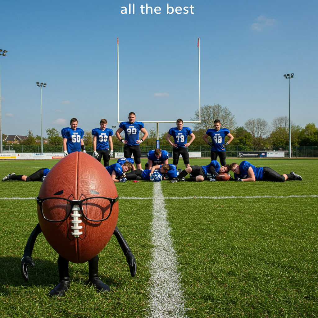 At the top of the Photorealistic picture taken from a camera image, the text reads: "all the best".

---

Imagine a lush, perfectly manicured football field under a bright blue sky. The central focus is a humorous scene: a group of football players dressed in their team kits, humorously sprawled on the grass as if they've just had a dramatic fall. The players are in various comedic poses, some pretending to nap with their helmets as pillows, while others look like they're mid-snooze with gentle smiles.

In the foreground, a lone football stands proudly with a pair of comically large glasses perched on it, giving it a wise, knowing look. The goalposts in the background frame the scene, adding depth to the image. The lighting captures the vibrancy of the players’ uniforms and the fresh green of the grass, creating a dynamic and lively scene perfect for a farewell card.

This humorous farewell scene, captured with ultra-high-definition 4K UHD clarity, perfectly encapsulates the fun and lightheartedness of a football match, with the message that despite the end of the game, there are still smiles to be had.
Generated with these themes: Football, and .
Made with ❤️ by AI.