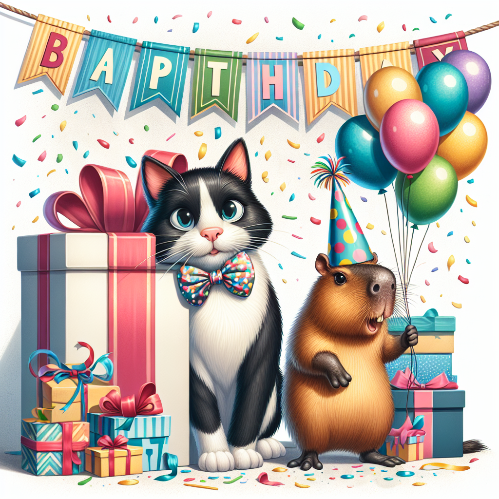 Create a whimsical, cartoon-style birthday-themed image. The centerpiece is a black and white cat sporting a humorous bow tie, peeking out curiously from behind a large wrapped gift. Standing alongside the cat is a delightful capybara. This peculiar creature wears a polka-dotted party hat and holds the string of a balloon in its mouth, seeming to laugh at the scene. Surrounding these characters is an array of playful, festive elements related to birthdays such as a welcoming banner, a large pile of brightly colored presents, and a dramatic burst of confetti creating a joyous ambiance.
Generated with these themes: Black and white cat , and Capybara .
Made with ❤️ by AI.