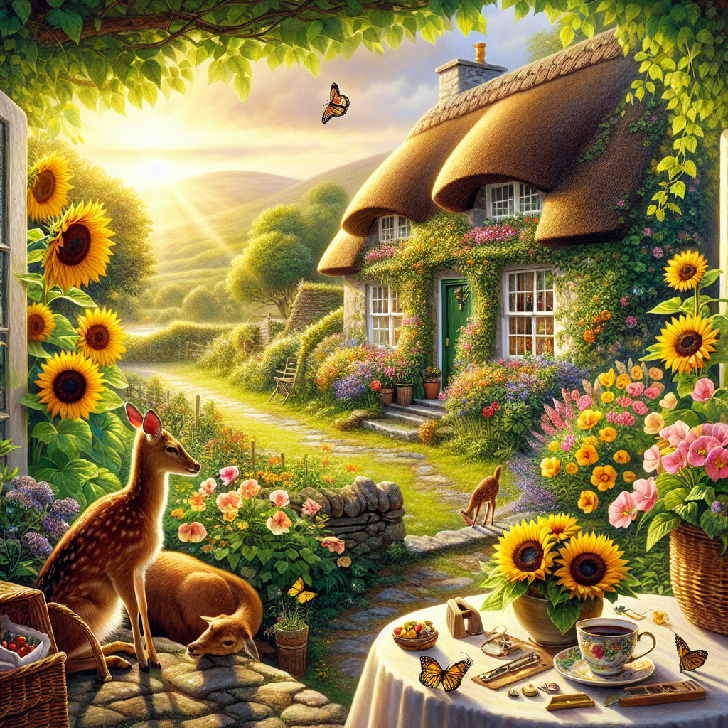 An idyllic Irish village glistened by the sunrise. The scene beholds a charming thatched-roof cottage, encircled by a verdant garden brimming with towering sunflowers and color-dashing sweet peas. A deer peacefully meanders its way, adding tranquillity to the scene filled with delicate butterflies fluttering. A stone patio presents a carefully arranged tea set, inviting onlookers for a warm cup. Nearby, a tabby cat is enjoying the sunny warmth, curled up in cozy relaxation. The incomplete story of a recent workmanship can be suggested through the sight of a sewing kit resting on an open window sill, marking the ambiance of a Mother's Day celebration.
Generated with these themes: Deer, Thatched cottage, Tea, Butterflies, Tabby cat, Sunflowers , Sweetpea , Irish, Ireland, and Sewing.
Made with ❤️ by AI.
