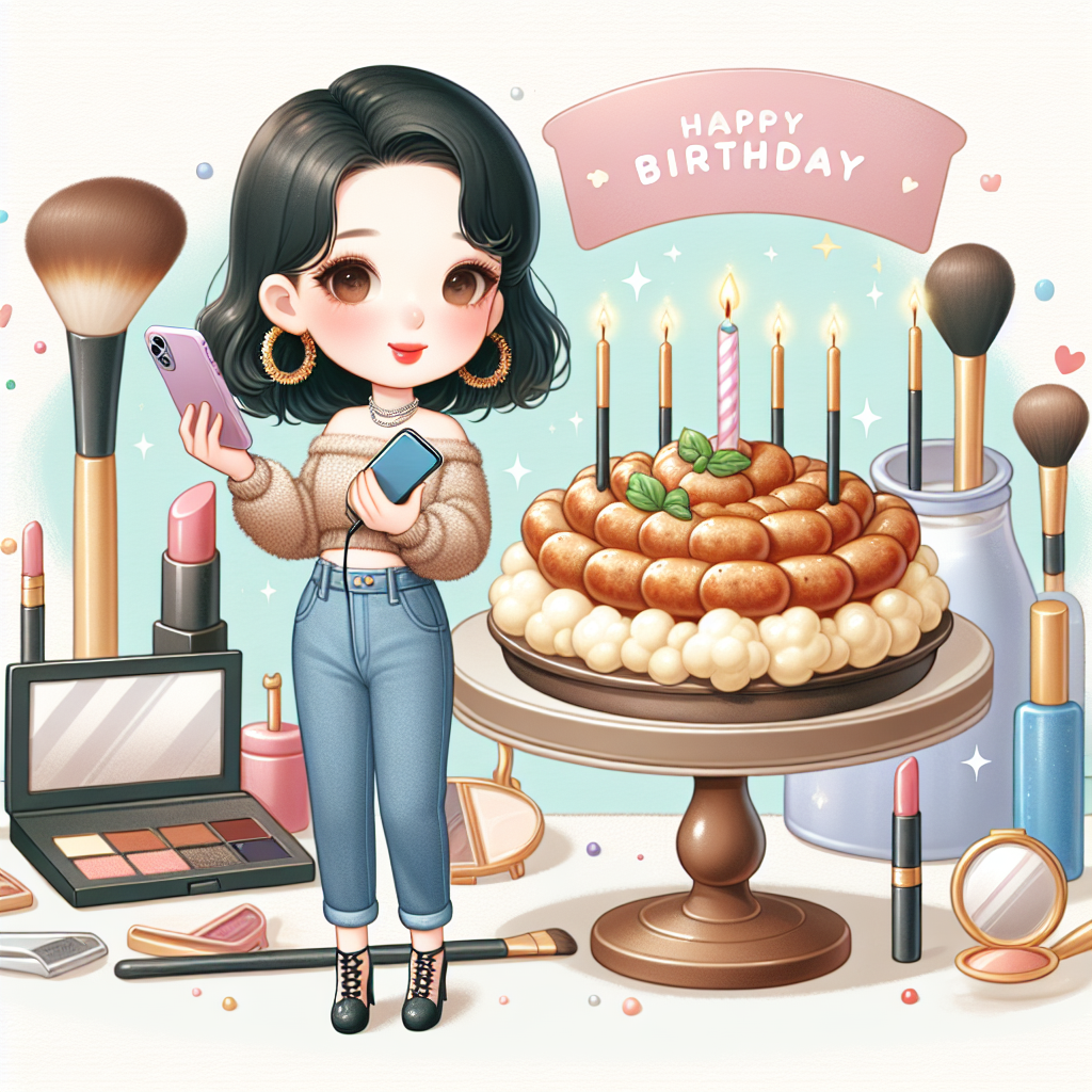 Create a delightful birthday illustration that features a charming cartoon figure dressed in trendy clothes. The figure holds a sleek phone in one hand and nearby, a counter is arranged with a tasteful array of makeup. The scene radiates a sense of warmth and festive spirit, underlined by a mouthwatering serving of sausage mash, beautifully presented in the context of a joyous occasion.
Generated with these themes: Clothes, Phone, Makeup, and Sausage mash.
Made with ❤️ by AI.