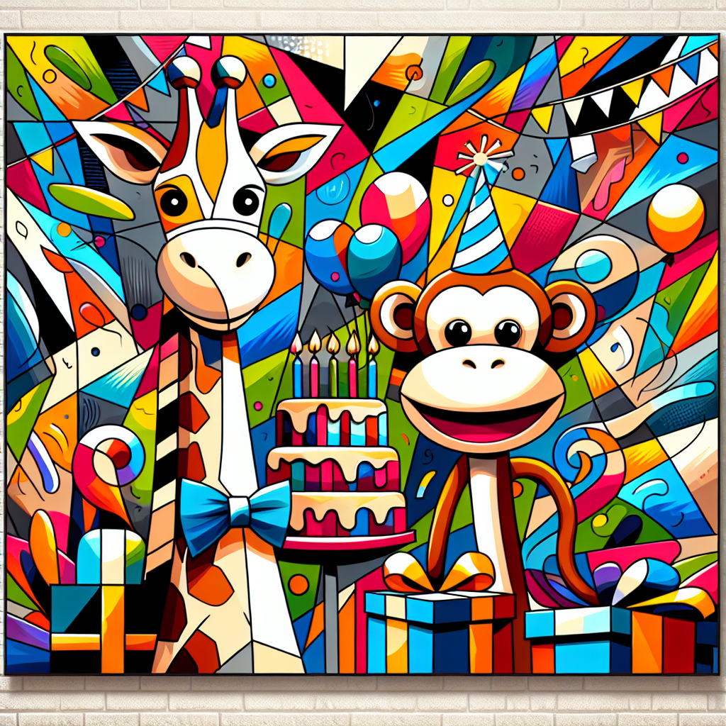 Picture an art scene capturing the joyous spirit of a birthday celebration. The background is abstract, filled with bold geometric shapes in vibrant, exuberant colors. Center stage, you'll find a whimsically drawn giraffe donning a bow tie. Standing beside it is a monkey cheerfully holding a birthday cake. The two are surrounded by abstract depictions of gifts and streamers. This scene, modern and lively, encapsulates the fun, festive ambiance of birthdays, making it a merry spectacle to behold.
Generated with these themes: Giraffe, and Monkey.
Made with ❤️ by AI.