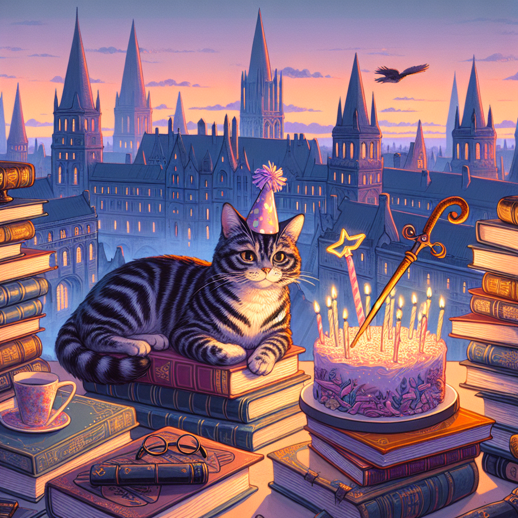 Imagine a scene that mixes the enchantment of a world filled with wizardry and the comfort of felines lazily resting amongst innumerable books. In the distant view, the towers and structures of a medieval-style university town cast a mesmerizing outline against a dusky sky. The elements of a birthday are present, featuring a cake adorned with a magic stick and a whimsical hat, while the cats are sporting petite celebration hats.
Generated with these themes: Harry potter, Cats, and Oxford.
Made with ❤️ by AI.