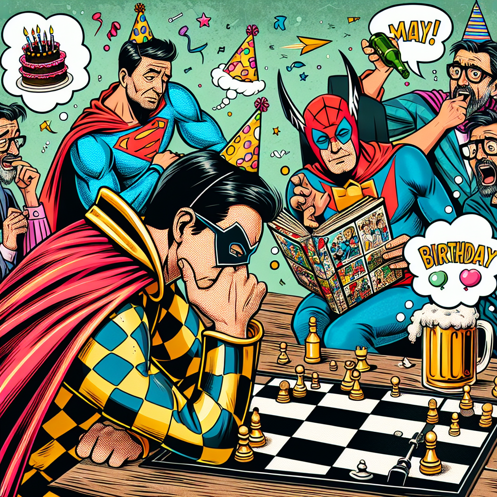 Create a whimsical birthday illustration where a group of vibrantly dressed superheroes are engaged in a friendly battle of wits and leisure with a distinct birthday twist. One superhero, characterized by a chessboard-patterned cape, deeply contemplates his next move against an adversary who sneakily peeks at a strategy guide hidden behind a comic book. In another corner, a pair of superheroes, known for their cooperative abilities, are trying to assemble a jigsaw puzzle that forms a picture of a birthday cake, but they accidentally knock over their beer, eliciting exaggerated, comedic expressions of surprise on their faces. Floating comic speech bubbles filled with joyful birthday greetings add to the festive and humorous atmosphere.
Generated with these themes: Superheroes, Chess, Jigsaws, and Beer.
Made with ❤️ by AI.