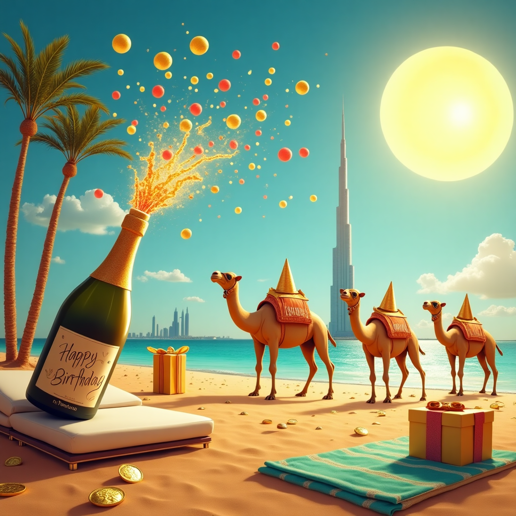Picture this: a whimsical desert scene set under the golden sun of Dubai, casting its rays over an extravagant birthday bash. The foreground features a luxurious beach lounge setup, where a bottle of champagne is enthusiastically being uncorked, its bubbly contents joyously exploding upwards, transforming into an unexpected burst of tiny golden palm trees raining down from the sky. The champagne's froth appears to ripple and twirl, mimicking the vibrant sands beneath.

In the background, the iconic silhouette of the Burj Khalifa looms, humorously topped with a gigantic party hat that's slightly askew, as if it's part of the celebration. The sky is a canvas of a brilliantly painted azure with a few playful clouds shaped like birthday balloons, floating casually above.

Nearby, a group of anthropomorphic camels dressed in traditional Emirati attire are joyously engaged in a festive conga line. Each camel carries a small backpack filled with colorful confetti, and one wears oversized sunglasses that reflect the gleaming sun. A chic sunbathing station is set up beside them, complete with a plush beach towel adorned with the words "Happy Birthday" spelled out in sunblock tubes.

Scattered around are festive elements like oversized gift boxes partially buried in the sand, each wrapped in shimmering gold and turquoise paper. Nestled among the boxes are shiny gold coins resembling both birthday chocolates and a nod to Dubai's opulence. The sand itself is glistening, as if sprinkled with fine, edible gold dust, adding an extra layer of extravagance to this jubilant birthday celebration under the Dubai sun.
Generated with these themes: Champagne , Dubai, Happy birthday , and Sun.
Made with ❤️ by AI.