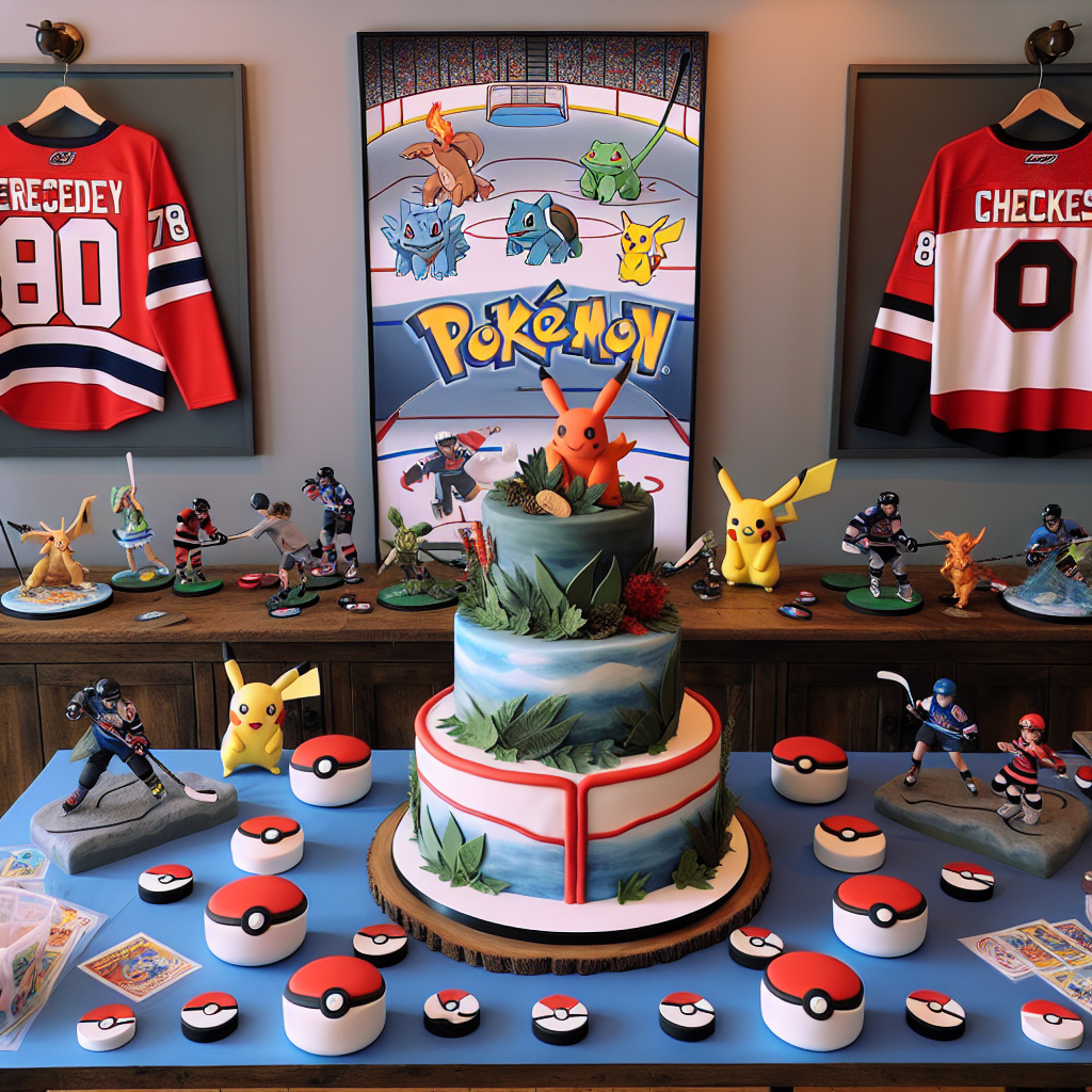 Create an image showcasing a birthday party setting with a distinct theme of hockey and Pokemon combined. The centerpiece of the scene is a table presenting a highly detailed and edible hockey rink cake. On the sidelines, there are hand-painted figurines representing Pokemon trainers. Genuine hockey pucks with Pokeball designs are scattered around as placeholders. Decorating the surrounding walls are large, removable decals depicting action scenes featuring unidentified, imaginative creatures suggestive of Pokemon but with distinct characteristics. Additionally, authentic hockey jerseys are hung up, custom-printed with an ambiguous name and age, contributing to the immersive atmosphere cherished by both hockey and Pokemon inspired fantasy creature lovers.
Generated with these themes: Pokemon, and Hockey.
Made with ❤️ by AI.
