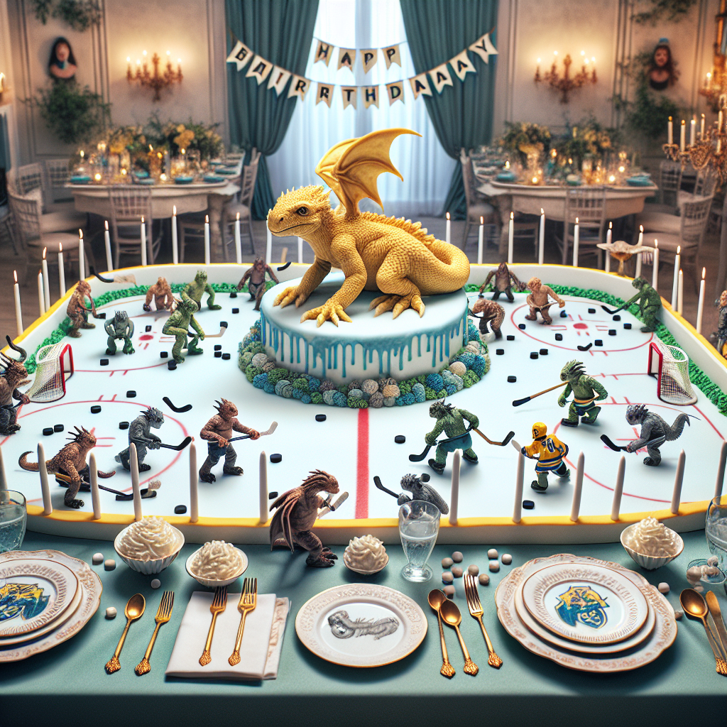 Create an image of an endearing birthday setting that resembles reality. The focus is a stunningly designed cake decorated with small, realistic-looking mythological creature figurines playfully arranged around an ice rink garnishment. Surrounding the icing rink are tiny fondant ice hockey sticks and pucks which give a playful feel to the scenario. The dining arrangement features plates and napkins with a small yellow, electric-attribute creature, and the room is embellished with tasteful streamers, balloons, and banners related to hockey, and a banner suspended above which proclaims 'Happy Birthday'.
Generated with these themes: Pokemon, and Hockey.
Made with ❤️ by AI.