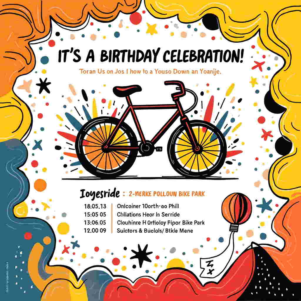 Front and center, the card bursts with an explosion of geometric shapes and colors reminiscent of a Kandinsky dreamscape. A kaleidoscope of overlapping circles, triangles, and squares dances in vibrant reds, blues, yellows, and greens, each shape outlined with bold, black lines, Mondrian-style, creating a playful mosaic.

A central illustration of a bicycle is abstract yet identifiable, crafted from a mishmash of swirling lines and splashes of color that echo the chaotic energy of a Pollock painting. Its wheels are outlined in spirals of cobalt and crimson, spinning with confetti-like strokes in neon shades.

The border is alive with yellow balloons that mimic Rothko’s color fields, a series of overlapping and floating ovals that create a sense of depth and movement around the edges. Scattered among them are mini party hats in contrasting primary colors.

Across the top, "IT'S A BIRTHDAY CELEBRATION!" is inscribed in a bold, dynamic font that zigzags across the page like a De Kooning sketch, each letter a different shade, popping against the white background.

Below, the invitation details take form in a structured grid, reminiscent of Agnes Martin’s precise lines, yet infused with playfulness in varied font sizes and angles. The word "Teresa" makes a discreet appearance, cleverly integrated into a miniature banner that hangs from a corner balloon, its letters whimsically scripted in a child-like hand.

The bottom of the card hosts an abstract interpretation of the Joyride Indoor Bike Park, using swirling Twombly-esque lines to suggest ramps and trails, all accented by vibrant, primary-colored stars and arrows to guide the eye across the design. Behind this, a backdrop of layered blocks of soft pastel colors provides a subtle, Rothko-inspired foundation, ensuring all elements stand out vividly.
Generated with these themes: Here’s a design concept for your son Lucas’s birthday invitation card based on your description:  ---  ### **IT'S A BIRTHDAY CELEBRATION!**   **You’re Invited to Lucas Wang’s Birthday Party!**    ---  **🎉 Join the Fun at Joyride Indoor Bike Park!**    **For:** LUCAS WANG   **Date:** Sunday, February 23rd, 2025   **Time:** 9:30 AM - 12:30 PM    **RSVP by:** Thursday, February 20th, 2025    ---  ### **Party Schedule:**   - **9:30 AM - 11:30 AM:** Riding Time   - **11:30 AM - 12:00 PM:** Cake & Celebration   - **12:00 PM - 12:30 PM:** Photos & More Riding    **Extra Riding Time:**   Party passes can be converted to day passes for an additional $5 per rider (payable at the front desk).    ---  ### **Important Notes:**   - **Waiver Forms:** All children must have waiver forms completed by their parents beforehand. Adults staying at the facility must also complete waivers, even if not participating.   - **Equipment:** Please bring your own helmets, bikes, and protective gear.   - **Allergies:** Please note that Joyride is not a nut-free facility.    ---  **Address:**   #1-150 Bullock Drive, Markham, ON L3P 1W2    ---  **Design Elements:**   - **Border:** Bright yellow balloons surrounding the card.   - **Graphics:** A fun illustration of a bicycle in the center, with confetti and party hats.   - **Text:** Bold, playful fonts for the header and key details.    ---  Let me know if you’d like further adjustments or a printable version! 🎉.
Made with ❤️ by AI.