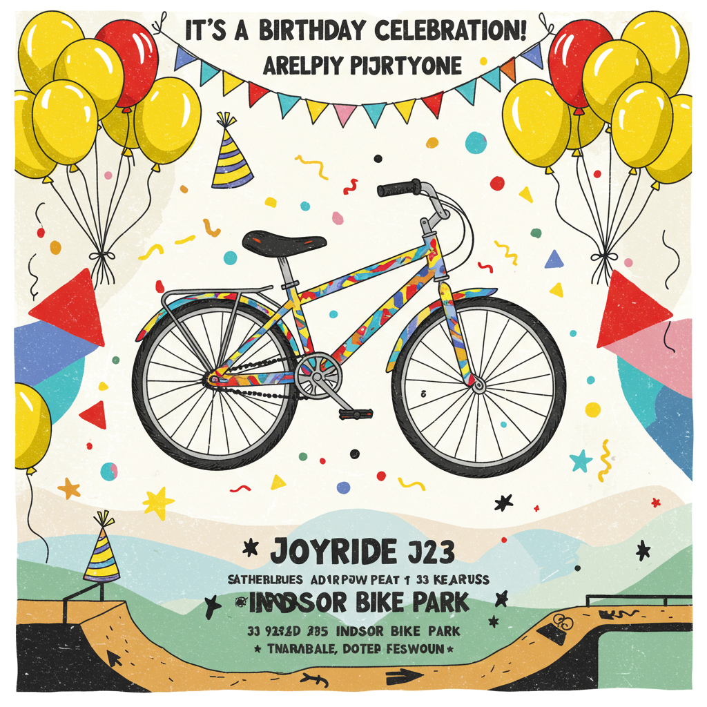 Front and center, the card bursts with an explosion of geometric shapes and colors reminiscent of a Kandinsky dreamscape. A kaleidoscope of overlapping circles, triangles, and squares dances in vibrant reds, blues, yellows, and greens, each shape outlined with bold, black lines, Mondrian-style, creating a playful mosaic.

A central illustration of a bicycle is abstract yet identifiable, crafted from a mishmash of swirling lines and splashes of color that echo the chaotic energy of a Pollock painting. Its wheels are outlined in spirals of cobalt and crimson, spinning with confetti-like strokes in neon shades.

The border is alive with yellow balloons that mimic Rothko’s color fields, a series of overlapping and floating ovals that create a sense of depth and movement around the edges. Scattered among them are mini party hats in contrasting primary colors.

Across the top, "IT'S A BIRTHDAY CELEBRATION!" is inscribed in a bold, dynamic font that zigzags across the page like a De Kooning sketch, each letter a different shade, popping against the white background.

Below, the invitation details take form in a structured grid, reminiscent of Agnes Martin’s precise lines, yet infused with playfulness in varied font sizes and angles. The word "Teresa" makes a discreet appearance, cleverly integrated into a miniature banner that hangs from a corner balloon, its letters whimsically scripted in a child-like hand.

The bottom of the card hosts an abstract interpretation of the Joyride Indoor Bike Park, using swirling Twombly-esque lines to suggest ramps and trails, all accented by vibrant, primary-colored stars and arrows to guide the eye across the design. Behind this, a backdrop of layered blocks of soft pastel colors provides a subtle, Rothko-inspired foundation, ensuring all elements stand out vividly.
Generated with these themes: Here’s a design concept for your son Lucas’s birthday invitation card based on your description:  ---  ### **IT'S A BIRTHDAY CELEBRATION!**   **You’re Invited to Lucas Wang’s Birthday Party!**    ---  **🎉 Join the Fun at Joyride Indoor Bike Park!**    **For:** LUCAS WANG   **Date:** Sunday, February 23rd, 2025   **Time:** 9:30 AM - 12:30 PM    **RSVP by:** Thursday, February 20th, 2025    ---  ### **Party Schedule:**   - **9:30 AM - 11:30 AM:** Riding Time   - **11:30 AM - 12:00 PM:** Cake & Celebration   - **12:00 PM - 12:30 PM:** Photos & More Riding    **Extra Riding Time:**   Party passes can be converted to day passes for an additional $5 per rider (payable at the front desk).    ---  ### **Important Notes:**   - **Waiver Forms:** All children must have waiver forms completed by their parents beforehand. Adults staying at the facility must also complete waivers, even if not participating.   - **Equipment:** Please bring your own helmets, bikes, and protective gear.   - **Allergies:** Please note that Joyride is not a nut-free facility.    ---  **Address:**   #1-150 Bullock Drive, Markham, ON L3P 1W2    ---  **Design Elements:**   - **Border:** Bright yellow balloons surrounding the card.   - **Graphics:** A fun illustration of a bicycle in the center, with confetti and party hats.   - **Text:** Bold, playful fonts for the header and key details.    ---  Let me know if you’d like further adjustments or a printable version! 🎉.
Made with ❤️ by AI.