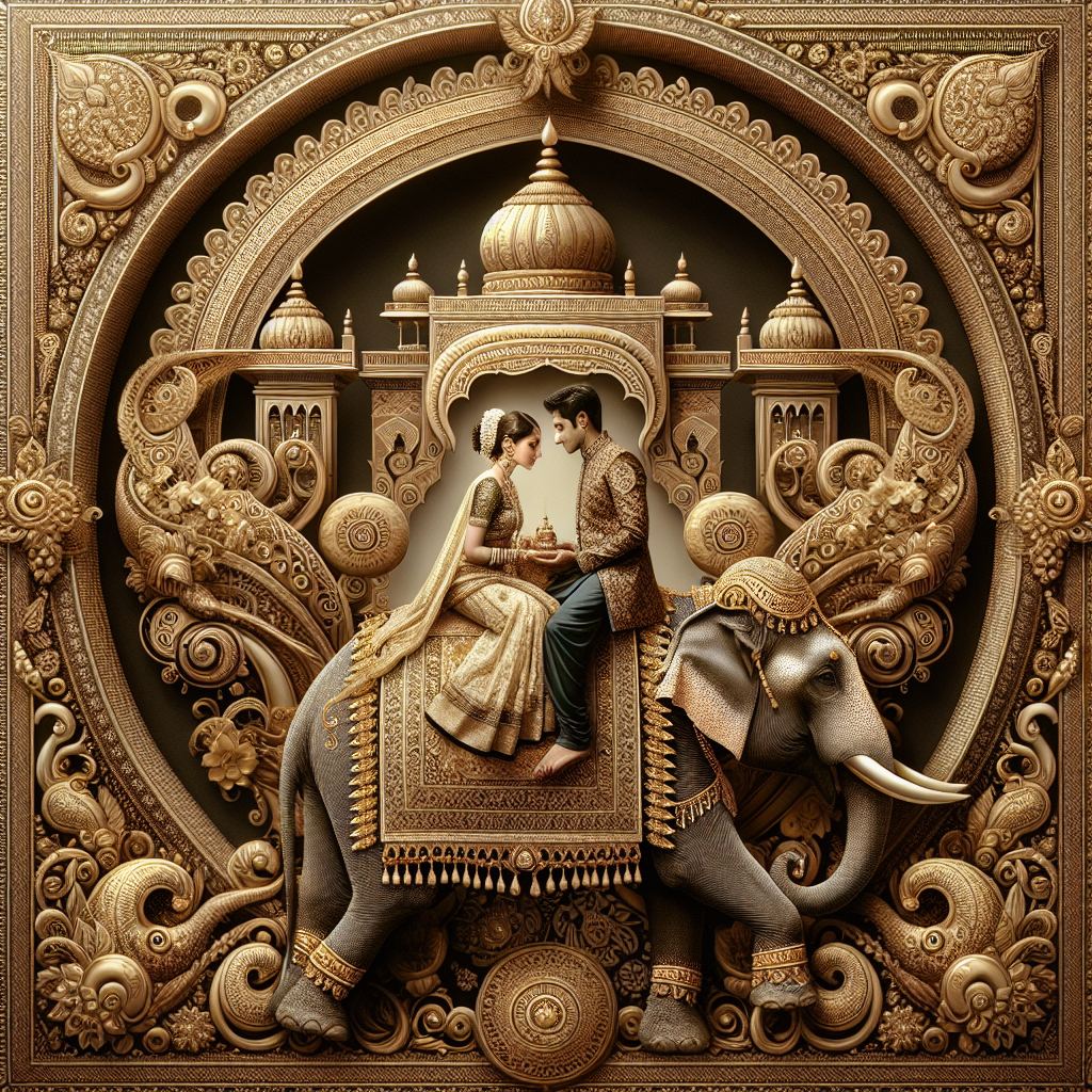Create an image that captures the essence of traditional India in celebration of an anniversary. The centerpiece is a tender moment shared by a South Asian couple dressed in traditional attire sitting atop a gaily decorated elephant, symbolizing a journey of love. The surroundings are meticulously ornamented with gold motifs and paisley designs, paying tribute to the grandeur of Indian architecture and the complexity of henna art, symbolizing the fusion of lives in matrimony.
Generated with these themes: Golden India.
Made with ❤️ by AI.