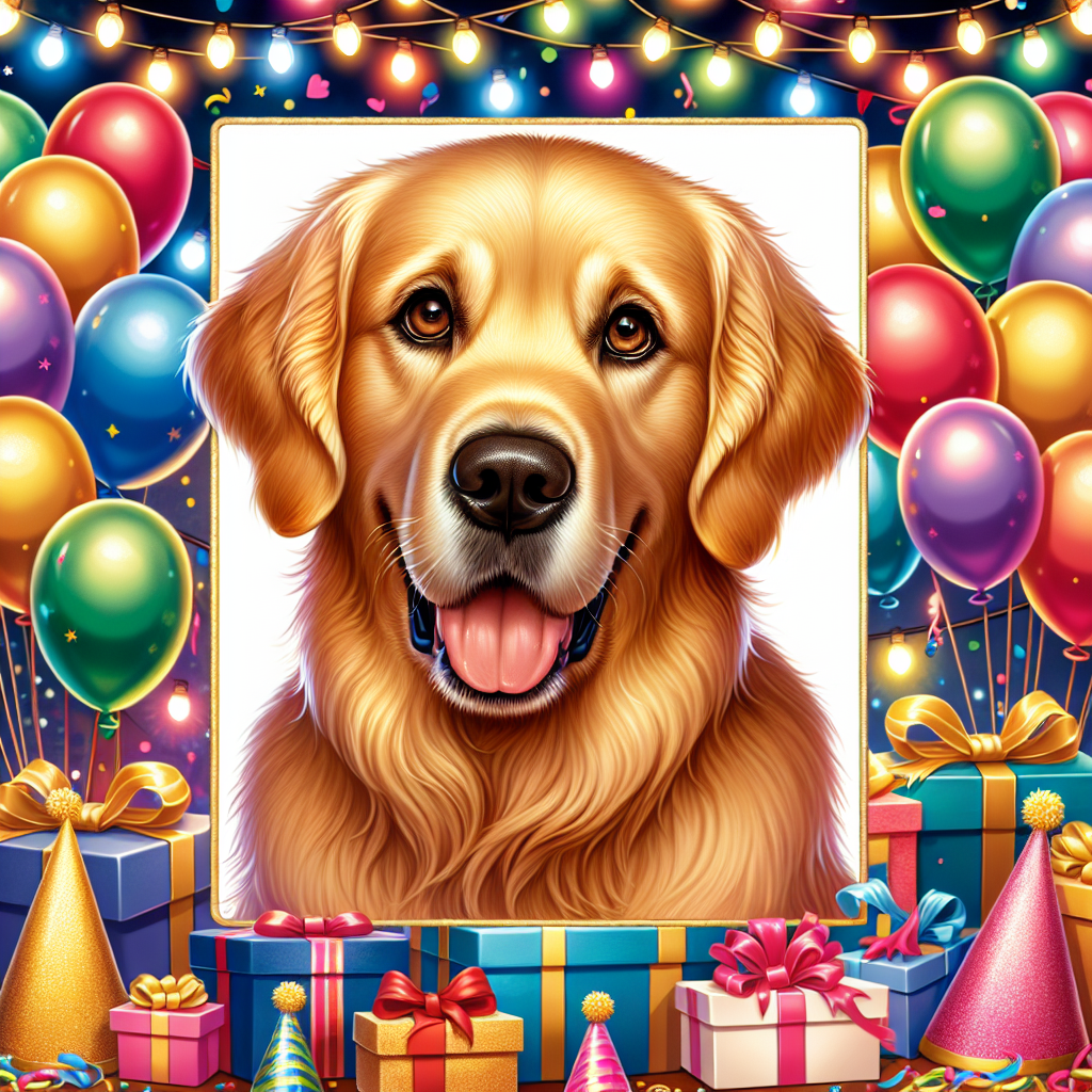 Envision a delightful and heartwarming cartoon illustration of a birthday celebration. At the heart of the festivity, an adult Golden Retriever with a healthy build sits. This dog's luxurious golden coat glistens under the merry lights, and its warm, brown eyes shimmer with zest and merriment. The surrounding is ornamented with festive party hats, an assortment of vibrant balloons, and playful streamers that set the mood for the birthday ambiance.
.
Made with ❤️ by AI.