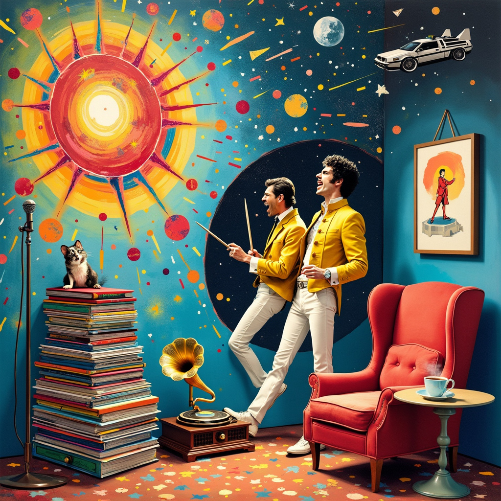 In the center of the card, an abstract, swirling vortex of vivid colors—a nod to the energetic brushstrokes of Jackson Pollock—serves as the portal between various elements of the scene. Emerging from this vortex are Freddie Mercury, Brian May, and Roger Taylor, depicted as larger-than-life figures with exaggerated, cartoon-like features reminiscent of Joan Miró's playful forms. Freddie Mercury is in his iconic yellow jacket, belting out a tune with a radiant, geometric microphone inspired by Piet Mondrian's grid-like patterns. Brian May stands with his signature curly hair transformed into a swirling galaxy of music notes, while Roger Taylor's drumsticks morph into lightning bolts, adding an electrifying energy to the scene.

To the left, a stack of vinyl records, their labels vibrant and abstract, floats in mid-air, spiraling out from the vortex. Some of these records feature mini portraits of the characters from "Back to the Future," "Dangermouse," and "Red Dwarf," blending pop culture references with the music theme. The records have splashes of bright, Rothko-like colors, creating a dynamic backdrop.

In the bottom right corner, a cosy, surreal living room scene unfolds. A plush, red velvet armchair—textured with intricate, de Kooning-like brushstrokes—sits beside an old-fashioned gramophone. The gramophone's horn is unusually elongated, stretching out and curling around the chair in a whimsical manner. On the wall above the armchair hangs a framed painting, a minimalist homage to Kazimir Malevich, featuring simple geometric shapes and lines in contrasting colors.

Dangermouse, rendered in a Cubist style, peeks out from behind the armchair, while a holographic image of the DeLorean from "Back to the Future" hovers above, casting a futuristic glow over the scene. A small, detailed model of the Red Dwarf spaceship sits on a side table, next to a steaming cup of tea, adding a touch of everyday comfort.

Above it all, the cosmos stretches out in a vast expanse, dotted with starbursts and constellations, inspired by the delicate lines of Agnes Martin and the expansive abstractions of Gerhard Richter. Music notes and cosmic particles intermingle, creating a dreamlike fusion of sound and space.

This vibrant, detailed scene captures the essence of celebration, nostalgia, and surreal whimsy, perfectly encapsulating the themes of music, comfort, and iconic pop culture references.
Generated with these themes: Freddie mercury, brian may, toger taylor, Records, cosy, music, singing, and Back to the future, dangermouse, red dwarf.
Made with ❤️ by AI.