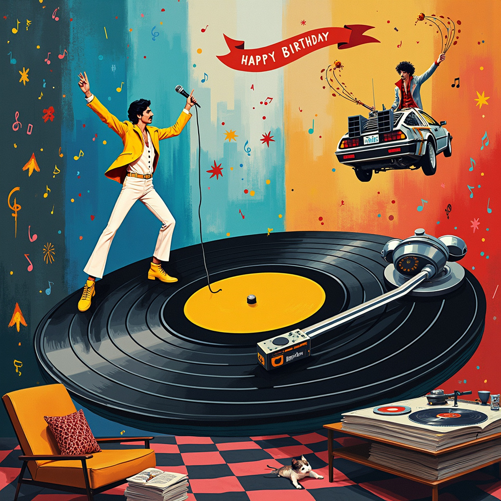 In the centre of the card, a surreal abstract landscape unfolds where reality and imagination blend seamlessly. Picture a colossal, checkerboard vinyl record, echoing the geometric precision of Piet Mondrian, spinning mid-air. Freddie Mercury, dressed in his iconic yellow jacket, stands triumphantly on top of the record, striking a flamboyant pose. His microphone morphs into a vibrant, Pollock-inspired splash of colours, singing notes that drift like soft wisps of smoke, painted in Cy Twombly's energetic scribbles.

To Freddie's left, Brian May with his iconic curly hair is astride a futuristic DeLorean from "Back to the Future." The car's metallic sheen reflects a Rothko-like gradient of deep blues and purples. Brian's guitar, the "Red Special," is entwined with abstract, red dwarf stars, evoking the cosmic whimsy of Joan Miró.

On the right side, Roger Taylor is perched on a giant Danger Mouse record, his drumsticks swirling in the air creating de Kooning-esque dynamic, swirling strokes. These strokes weave through the scene, connecting various elements like a thread in an Agnes Martin tapestry.

Above them, an ethereal, translucent figure of Dangermouse floats, his eyes wide and inquisitive, crafted with Richter's delicate smudging technique. The background is a harmonious chaos of Kandinsky’s geometric shapes and vibrant colours, giving a sense of musical rhythm and energy.

A cozy corner is nestled in the bottom right, with a retro turntable playing, a stack of records leaning against it. There’s a plush armchair, adorned with a throw that mirrors Malevich's suprematist patterns, inviting you to sit and soak in the music. Small, colorful musical notes float around, their paths meandering like Twombly’s looping lines, filling the air with silent melodies.

Above the entire scene, a banner made from cascading records and treble clefs spells out "Happy Birthday," the letters blending into the abstract background, ensuring that the greeting is both part of the scene and a delightful surprise.
Generated with these themes: Freddie mercury, brian may, toger taylor, Records, cosy, music, singing, and Back to the future, dangermouse, red dwarf.
Made with ❤️ by AI.