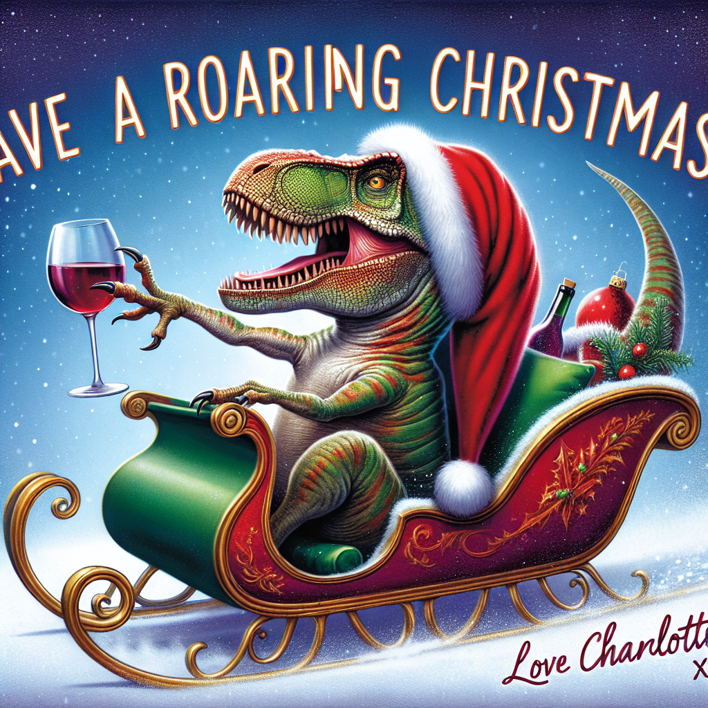 A charming Christmas-themed illustration showcases a playful T-rex adorned with a festive Christmas hat, merrily steering a sleigh. The T-rex's claw delicately holds a glass of red wine, adding a sophisticated touch to the whimsical scene. Bold, joyful text reads 'Have a roaring Christmas. Love Charlotte xx', integrated seamlessly into the sparkling snowy backdrop.
Generated with these themes: T-rex with a Christmas hat on, riding a sleigh with glass of red wine in hand.
Made with ❤️ by AI.