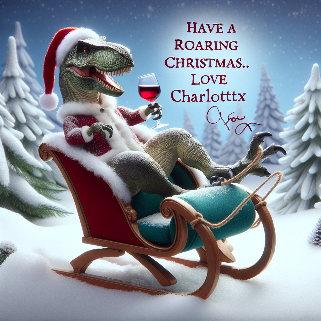 This sweet holiday illustration features a cheerful T-rex wearing a Santa hat and comfortably seated on a sleigh. The dinosaur cheerfully navigates the winter wonderland, glass of red wine in hand. Beneath the sleigh, in lively lettering, 'Have a roaring Christmas. Love Charlotte xx' adds a personal and endearing touch to the snowy setting.
Generated with these themes: T-rex with a Christmas hat on, riding a sleigh with glass of red wine in hand.
Made with ❤️ by AI.