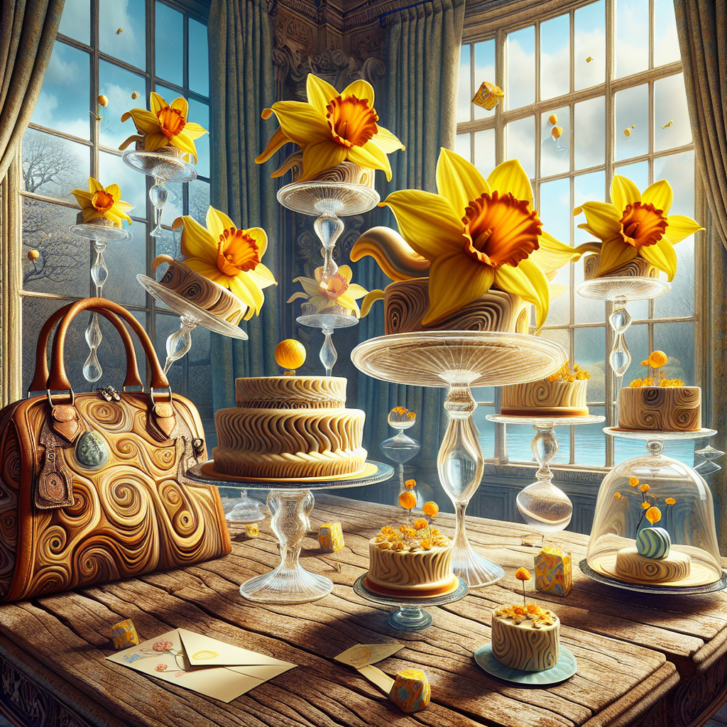 Create an intricate depiction of a surreal Mother's Day scene. The setting is an aged oak table with its wood grains running like liquid history. On it, a collection of glass cake stands of different sizes exhibits an ethereal assortment of architecturally impossible cakes, seemingly challenging gravity. These cakes are decorated with vibrant yellow daffodil petals, offering an intense contrast against the clear stands. Nearby, an oversized handbag with intricate patterns and a large heart casts a soft shadow, symbolizing the love and gratitude conveyed on Mother's Day. Floating around the scene are cards with fantastical fonts that bend and curl as if swept up by a soft wind. In the background, a majestic bay window reveals a dreamlike landscape beyond, where the laws of time and space dance in tribute to the unrestricted spirit of surrealism.
Generated with these themes: Glass cake stands, Oak table, Bay window, Daffodils , Cards, and Designer handbag with heart on.
Made with ❤️ by AI.