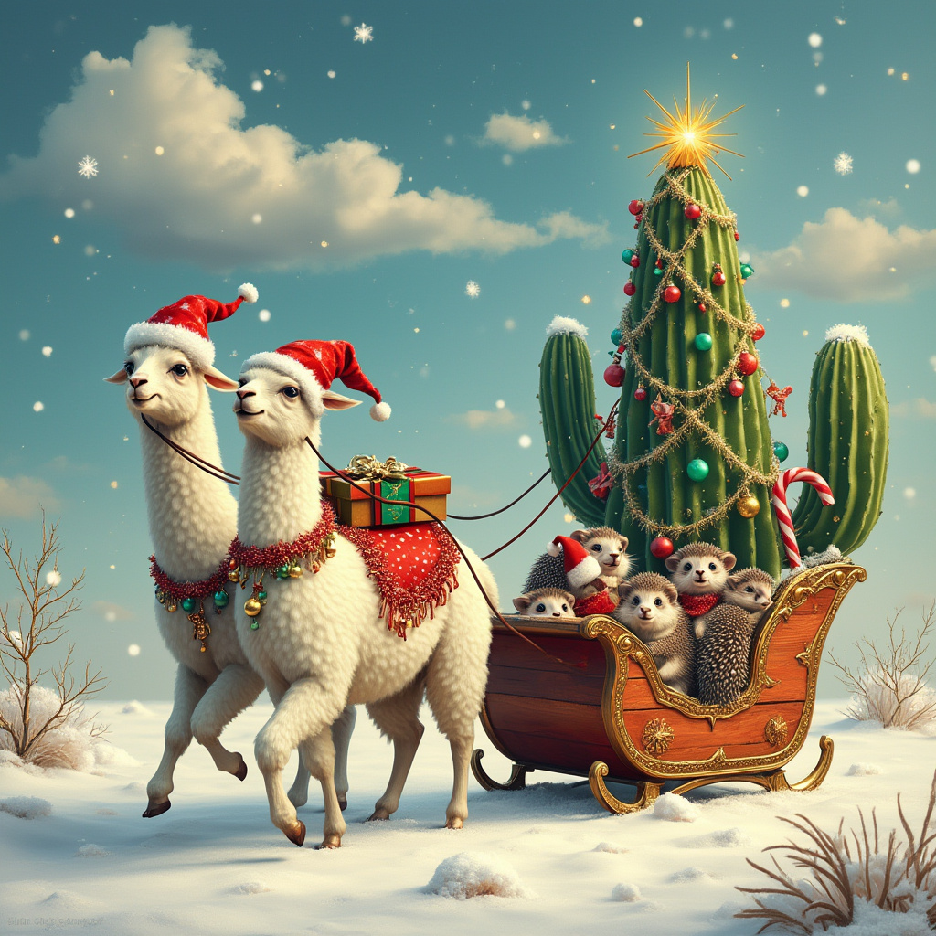 In the magical heart of a winter desert wonderland, an enchanting Christmas scene unfolds on a soft canvas of snow-dusted sand. Two festive llamas, fluffy and proud, prance gracefully across the landscape, their necks draped in shimmering strands of tinsel and their heads adorned with oversized, jolly Santa hats. Baubles of red, gold, and green dangle cheerily from their ears, jingling with each lively step. These spirited llamas pull a whimsically crafted sleigh, carved from a giant cactus, its arms ingeniously transformed into a splendid Christmas tree. This cactus-turned-tree is bedecked with glistening lights, ornaments shaped like tiny desert critters, and a shining star perched on top. Inside the sleigh, a delightful congregation of hedgehogs huddle together, each one snuggled amidst presents wrapped in vibrant paper. Their tiny faces peek out, eyes wide with excitement as they clutch little candy canes in their paws. Above, the azure sky is the canvas for a fleet of fluffy clouds, and amidst these cotton-like formations, the names "Paul and Debbie" appear as if carefully etched by an unseen hand, sparkling with silver stardust. This enchanting tableau, bursting with holiday cheer, invites all who gaze upon it to share in the merriment of a truly unique and festive season.
Generated with these themes: Llamas, Hedgehogs, Cactus, and Hedgehogs piled up in sleigh. Llamas wearing Santa hats and baubles and tinsel pulling sleigh with cactus decorated like Christmas tree .
Made with ❤️ by AI.