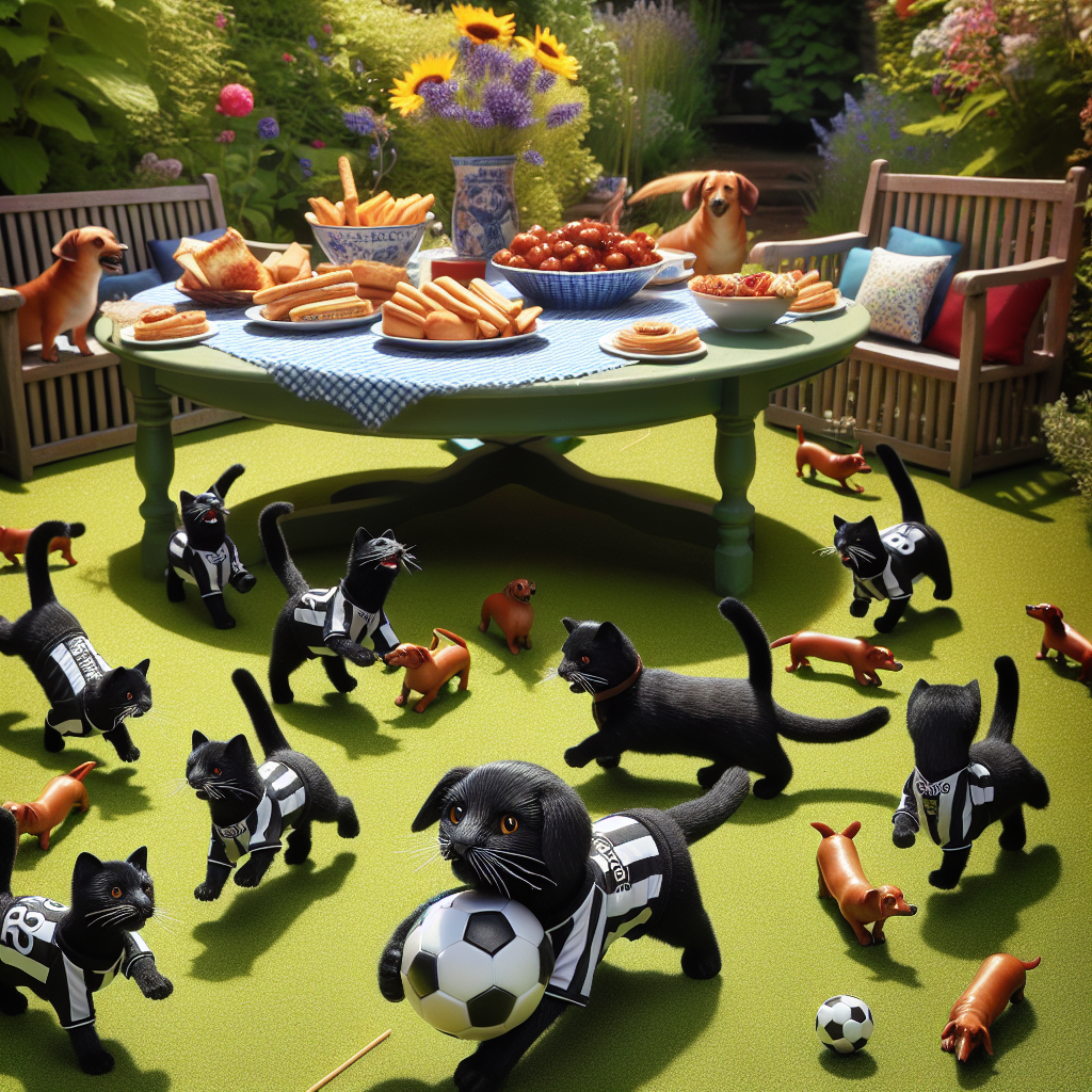 Imagine a delightful and lifelike scene taking place in a quaint and sunlit garden. An enthusiastic group of black cats, outfitted in miniature football jerseys, dart around, engaging in a playful game. Energetic sausage dogs act as the spectators, their tails fiercely wagging in a show of excitement and fervor. Near the edge of this heartwarming scene is a table resplendent with an array of mouth-watering snacks, which have been meticulously and artfully arranged. These treats serve to enhance the atmosphere of celebration and success that pervades the air.
Generated with these themes: Black Cats, Football, Sausage dogs, and Snacks.
Made with ❤️ by AI.
